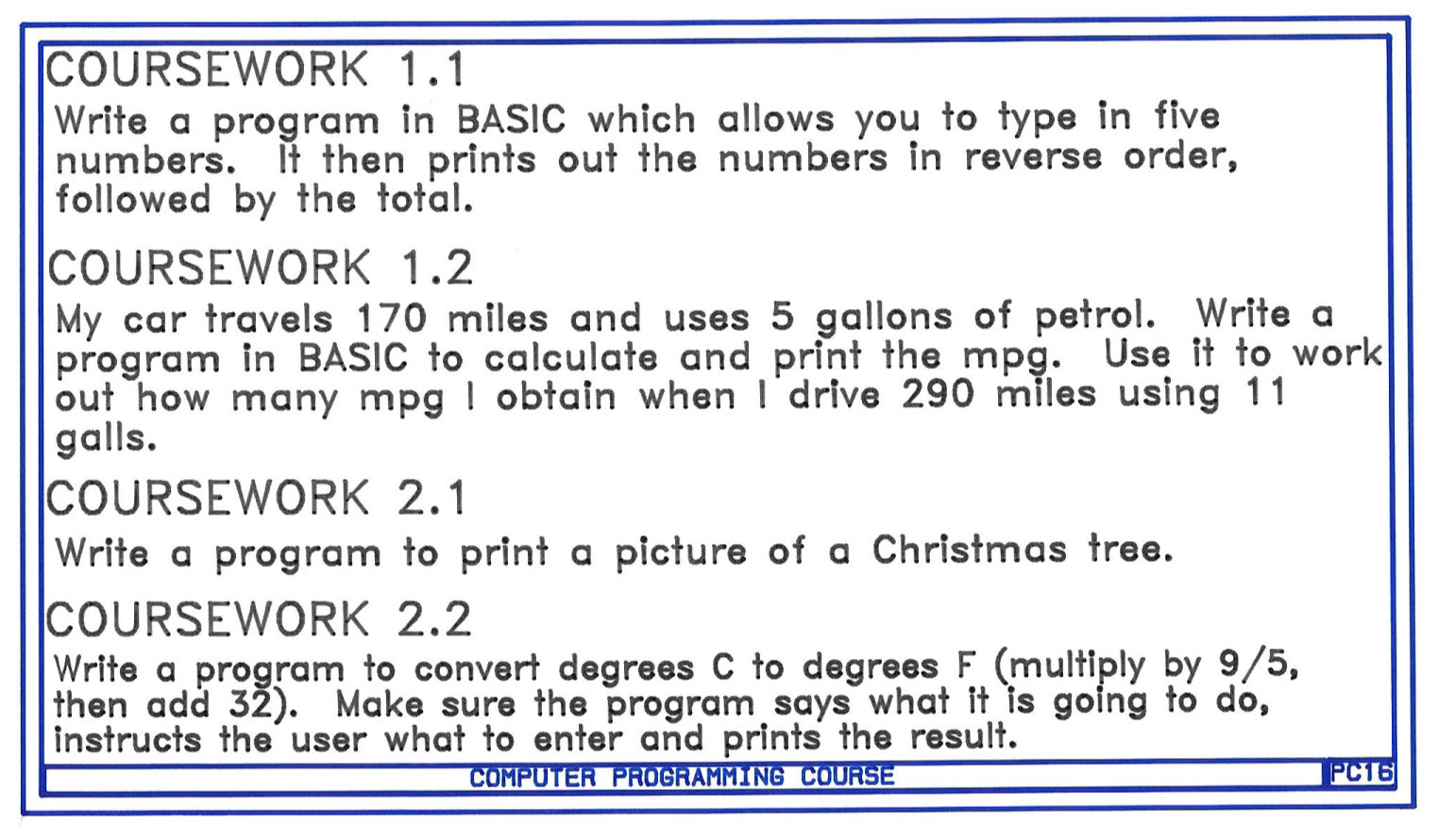 1987 Coursework for BASIC Programming Course