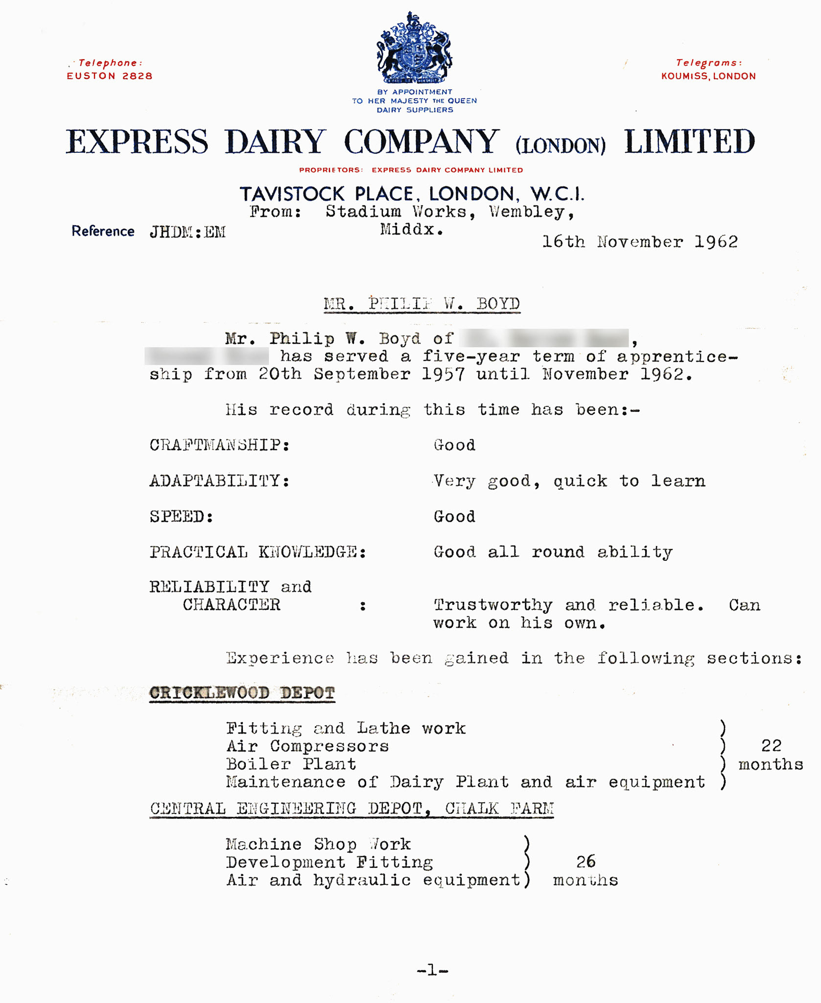 1962 Philip Boyd's apprenticeship certificate with Express Dairy (Courtesy Phil Boyd)