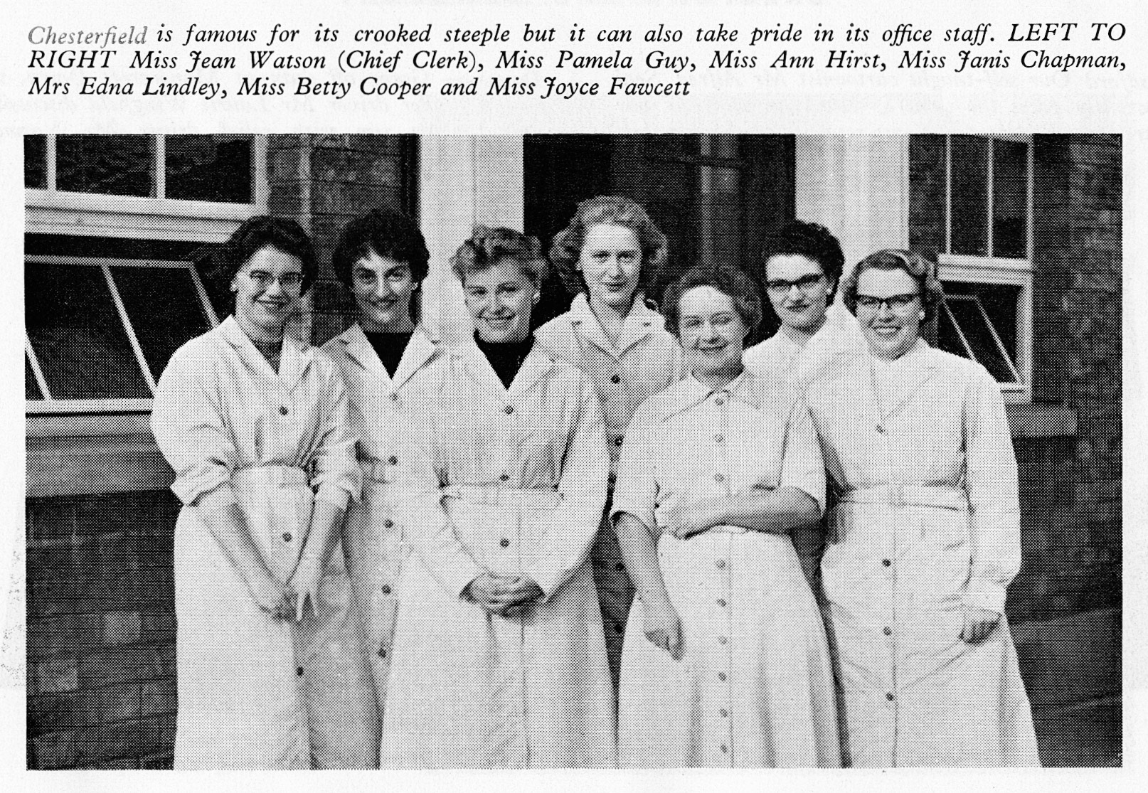 1957 Chesterfield office staff-Miss Jean Watson (Chief Clerk), Miss Pamela Guy, Miss Ann Hirst, Miss Janis Chapman, Mrs Edna Lindley, Mrs Betty Cooper and Miss Joyce Fawcett.