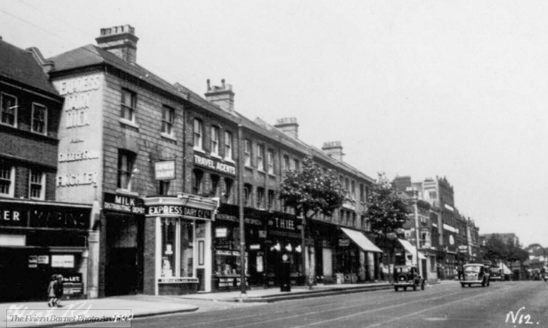 1939 Express Shop and Depot in North Finchley High Road between Lodge Lane and Woodside Park Road. Dave Fleming comments "A mate of my mum and dad's, Ted Voyce, later had his Fruit &amp; Veg shop where the Express Dairy shop is. The bracket that held the hanging Express Dairy sign has only recently gone, I always thought it was left over from when it was a pub!" (Courtesy Steve Bennett)