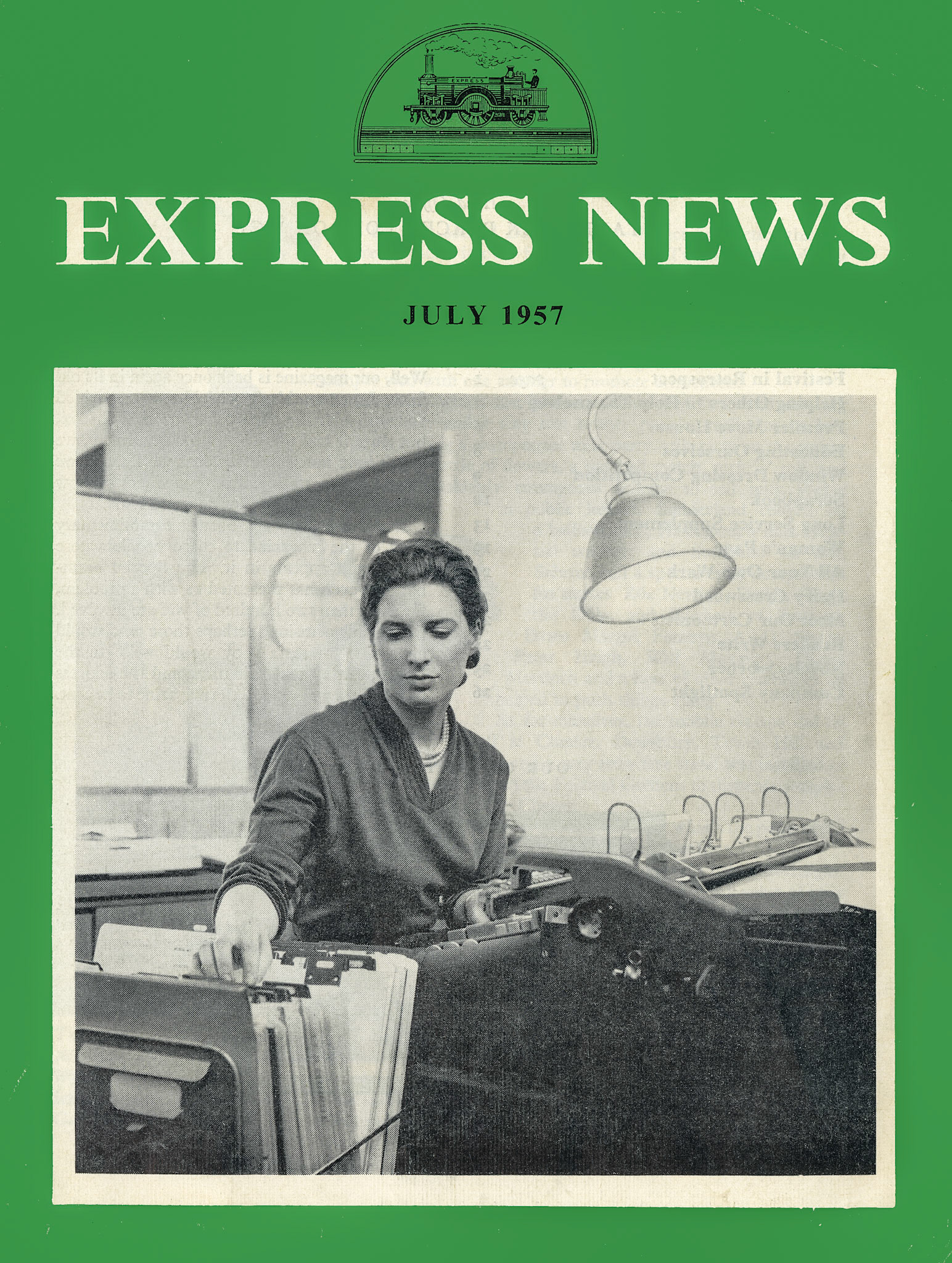 1957 New Premier Supermarket HQ at South Ruislip, with Mrs Jean Deitch operating a National 32 accounting machine. (Express News Front Cover, Autumn)