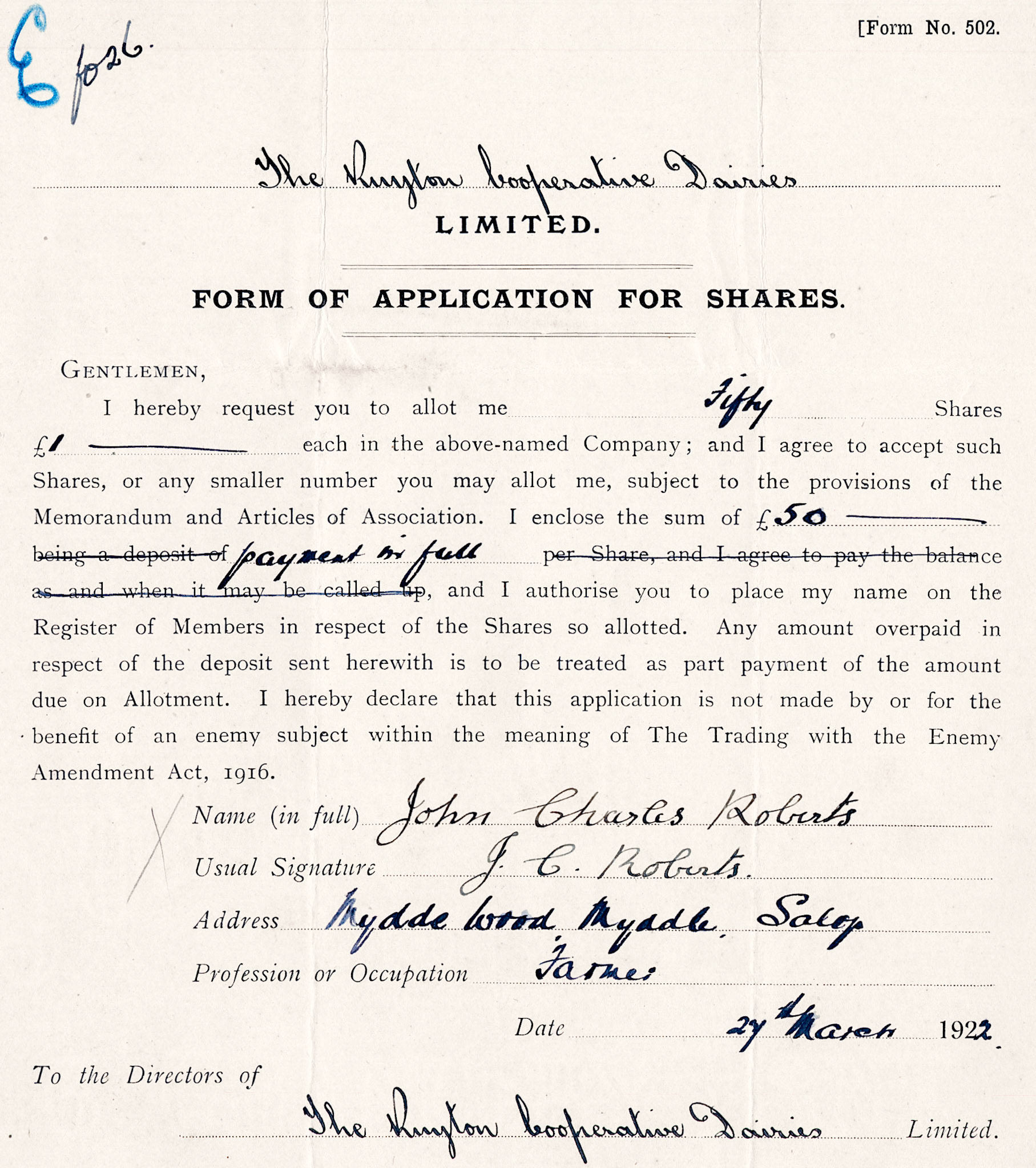 1922 Share Application from John Charles Roberts, Mydde Wood, Myddle, Salop