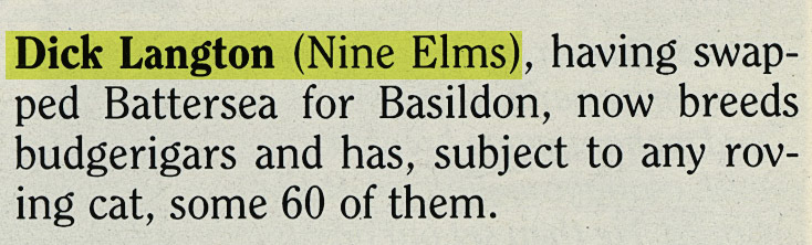 1988 Pensioner news-Dick Langton, ex-Nine Elms, now breeds budgerigars. (January Express News)