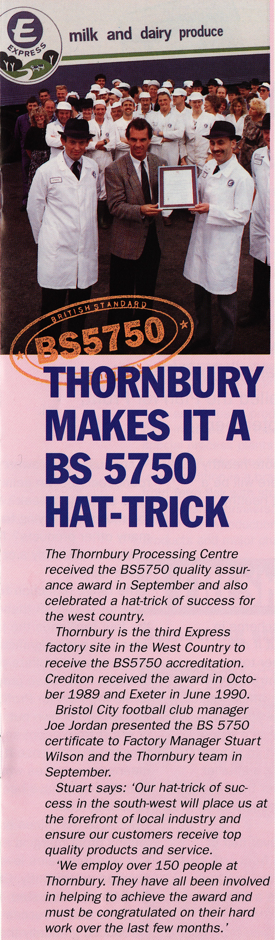 1990 Thornbury win BS5750 award (1990 Winter Tops Magazine, Courtesy Beryl Purslove)