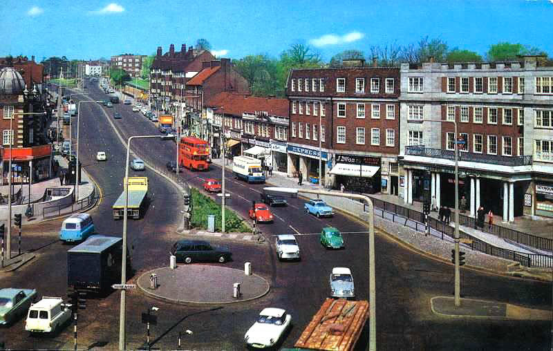 c1965 Hendon Central with Express Shop on the right. Gill Barr comments "The Express Dairy was my go to for a sandwich at lunchtime in 1966." Karen Dillon comments "Lovely to see Express, I worked there for years, happy days." Karen Sorflaten adds "So good to see Hendon Central as I remember it, my mum and me used to walk to the Express each Saturday to do our shopping, it was then to the wool shop around the corner opposite the cinema xx". Anita Pearce remembers "I lived in Longfield Avenue, off Page Street. My mother used to go to Express to buy dairy products etc, passing over our ration books in order to show that we had already received items for that period.". Hugh Powell adds "We lived in Tithe Walk, turning just off Page Street. This was when the "Watford Way " was just a normal road you could cross if you looked both ways. Then came the central reservation, pedestrian underpass, and later on the flyover. I can remember often going to the dairy shop with the horses used for the milk round. Life was simple 80 years ago." (Courtesy Rosie Helen, I Grew up in North London FB Group)