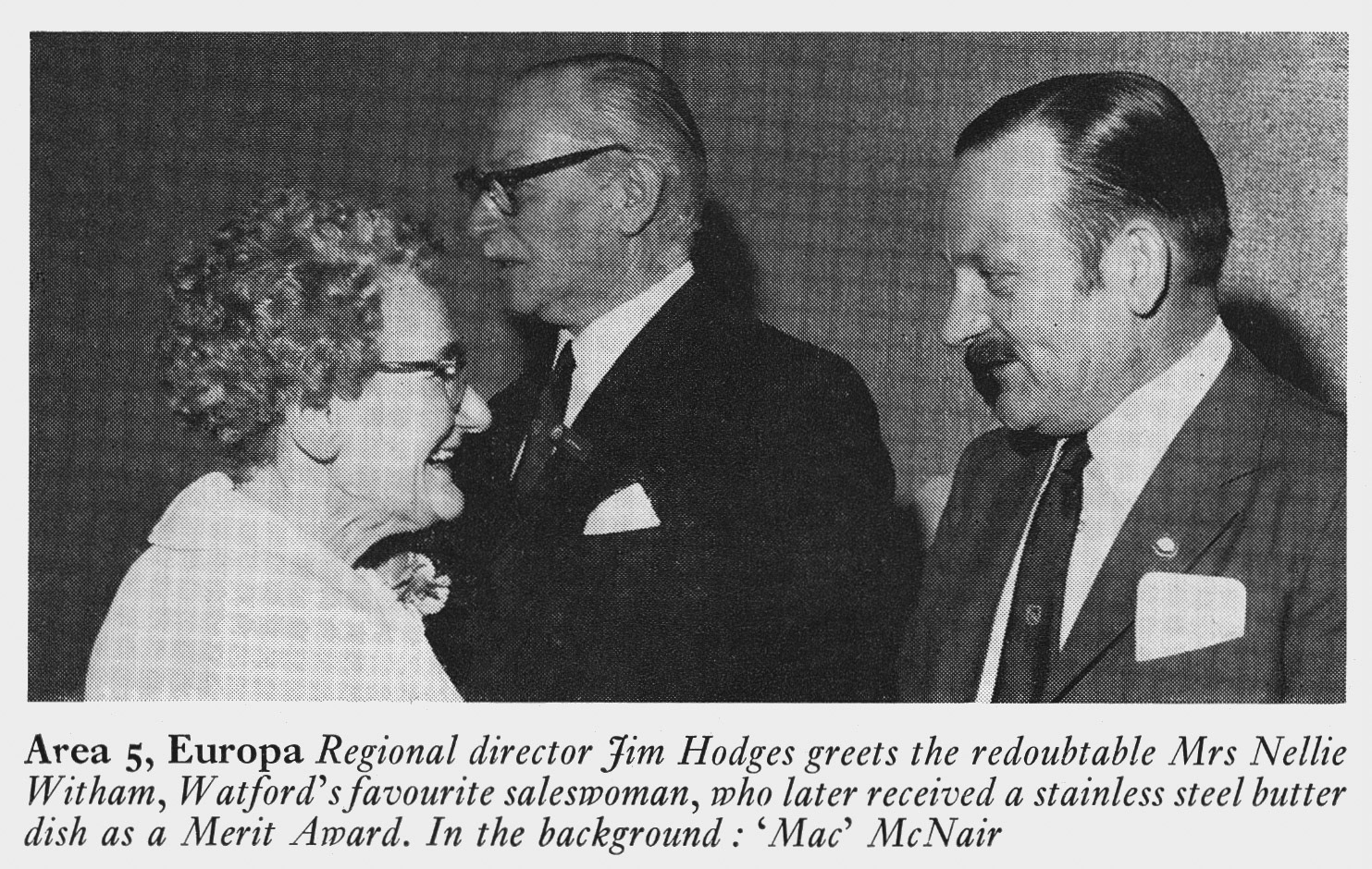 1972 Watford's Mrs Nellie Witham with Jim Hodges, with 'Mac' McNair at London Merit and Service Dinner.(Express News Summer)