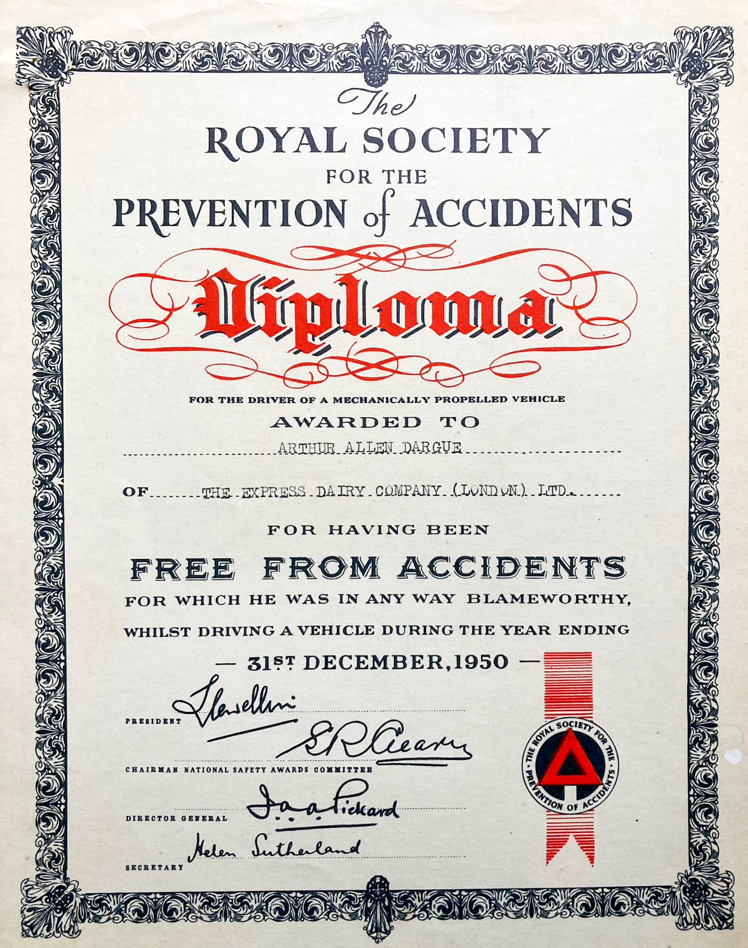 1950 Arthur Dargue-Safe Driving letter and Certificate (Courtesy Iain Dargue, Arthur's son)