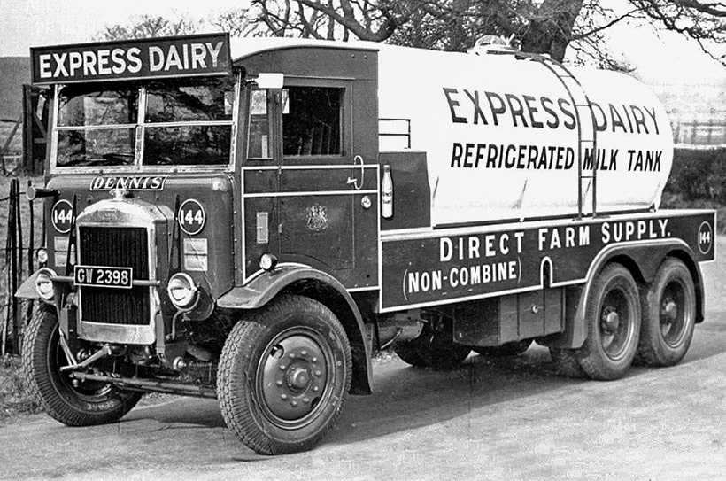 1932 One of a pair of 45hp Dennis tankers, fleet no 144, chassis no 120025 was registered in February 1932, GW 2398, with a ULW of 9.9.2, the tank holding 1,630 gallons. The biggest ‘docking’ expenditure occurred at just 17 months, in September 1933, with a figure of £486 being recorded. The vehicle gave 11 year’s service, before sale to A Wadsworth of Sandy Lane, Leighton Buzzard, in November 1943, for £110 with spares, including axle and radiator. Carl Borger explains the history "Dennis Specialist Vehicles was an English commercial vehicle manufacturer from Guildford founded in 1895 as Dennis Brothers Ltd by brothers John Cawsey Dennis and Herbert Raymond Dennis of Huntshaw, Devon, who were also responsible for the Speed ​​King and Speed ​​Queen bicycles, and built buses, trucks, fire engines and municipal vehicles such as refuse carts and lawnmowers, custom-made to customer requirements. In 1919 Dennis Bros. purchased engine manufacturer White and Poppe Limited of Coventry, in 1962 Alfred Miles' fire apparatus division of the Hawker Siddeley Group, in 1964 industrial tractor manufacturer Mercury Truck &amp; Tractor Company and its aircraft tug and baggage cart manufacturing division Mercury Airfield Equipment and ground handling unit Mercury Snow Control, later with Dennis Mercury being transferred to Marshalls Halifax. In 1972 Dennis Motor Holdings was acquired by Heston Aircraft Co, which had also acquired Yorkshire Vehicles and Eagle Engineering, and was renamed Hestair Dennis Limited. In 1983, it purchased Duple Coachbuilders, closing its fire engineering division with the requirements contracted by Simon Carmichael International Group Ltd SIG, also creating John Dennis Trainbuilders. In 1989, with the purchase of the Hestair Specialist Vehicles Ltd business by Trinity Holdings, it was renamed Dennis Group. In 1992, Reliance-Mercury was acquired, in 1995, the cargo handling division of ML Holdings: Douglas Equipment Limited and Schopf Maschinenbau GmbH and Trinity was acquired by Mayflower Corporation in 1998 with Dennis Eagle being spun off and sold to NatWest Equity Partners as well as FL Douglas and Schopf and with the formation of the TransBus International joint venture founded by Mayflower with the Henlys Group which became Plaxton Holdings Limited and insolvent in 2004 the company became Alexander Dennis Limited ADL which in 2019 was acquired by the Canadian bus manufacturer New Flyer, which then became the NFI Group." (Courtesy The Express Dairy Motorised Fleet, Allan Bedford, Heritage Machines)