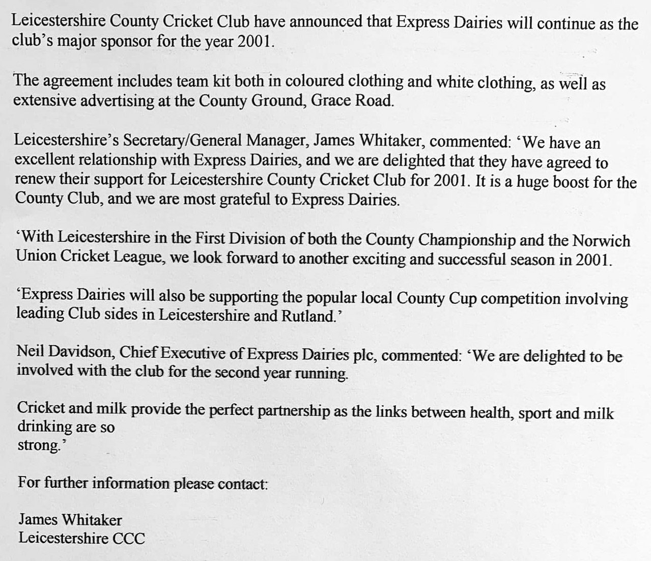 2001 Leicestershire County Cricket Club sponsorship from Express. Shirt worn by the one-day players. Jimmy Reid commented "That would have been Express Chilled Distribution as the milk processing dairy ceased to exist after being sold to Northern Dairies (Dale Farm) circa 1990." (Courtesy Adrian Wilson)