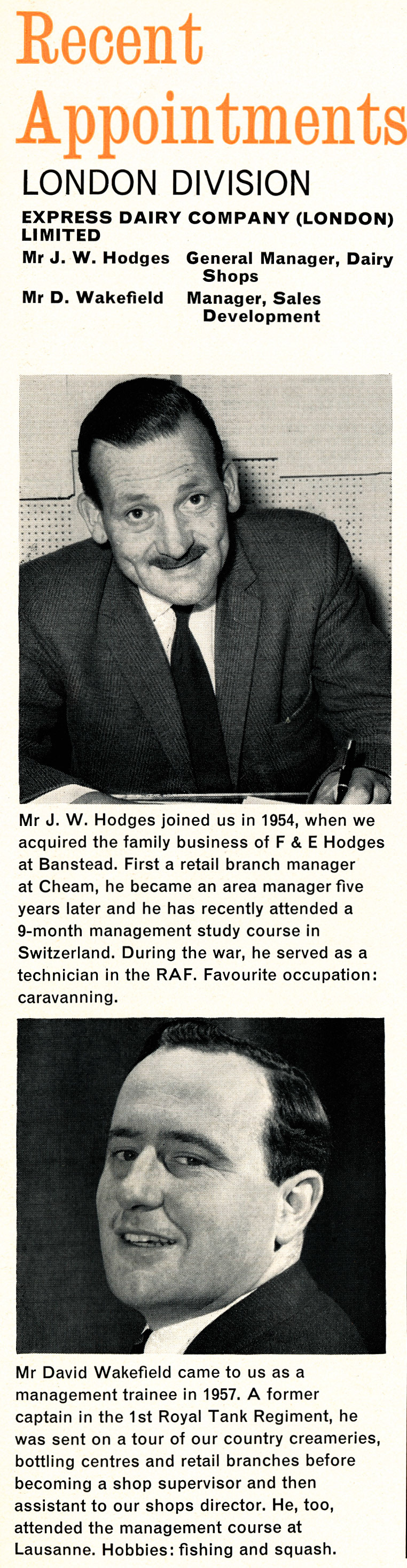 1962 Jim Hodges and David Wakefield appointments