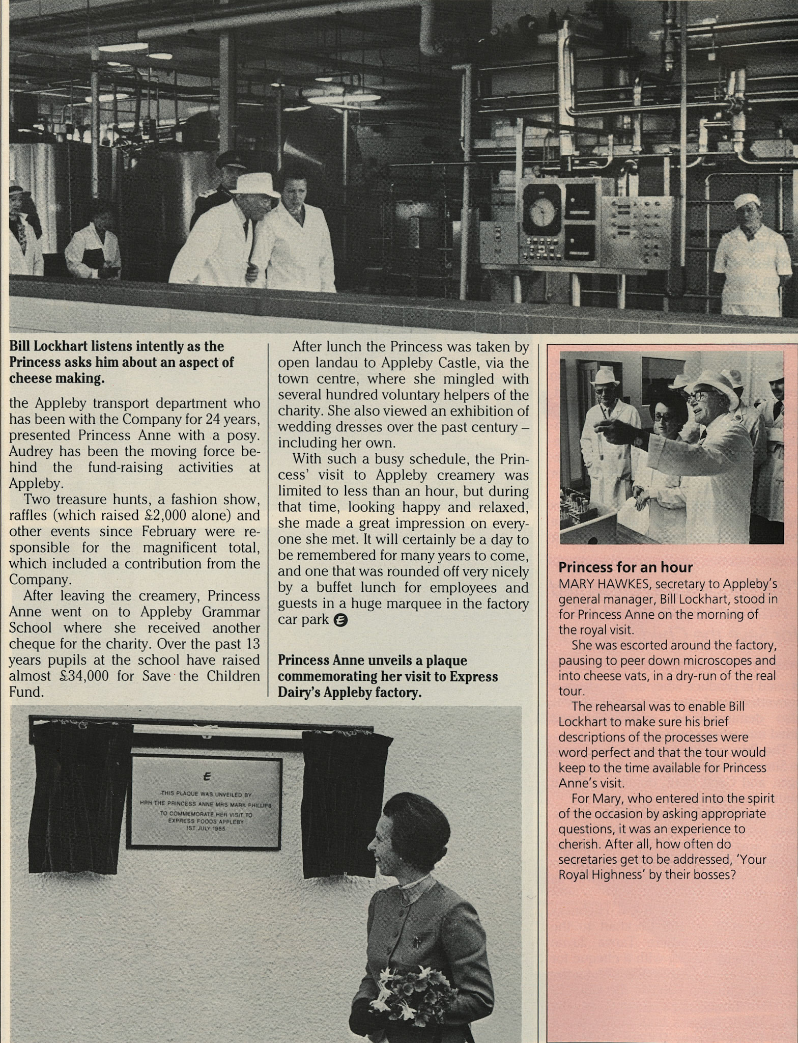 1985 Princess Anne unveils a plaque following a rehearsal the previous day with Mary Hawkes, secretary to the General Manager