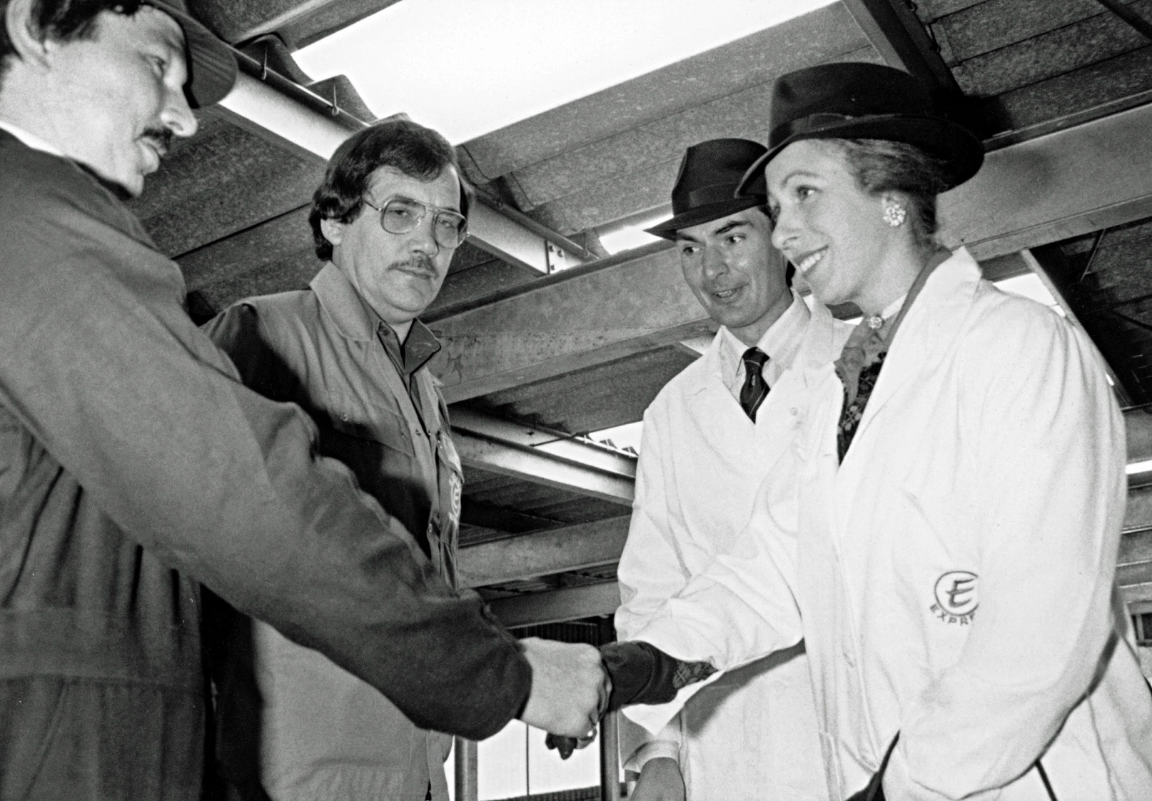 Princess Anne on the milk reception bay overhead gantry, with Jim Voller, ? and Peter Roper