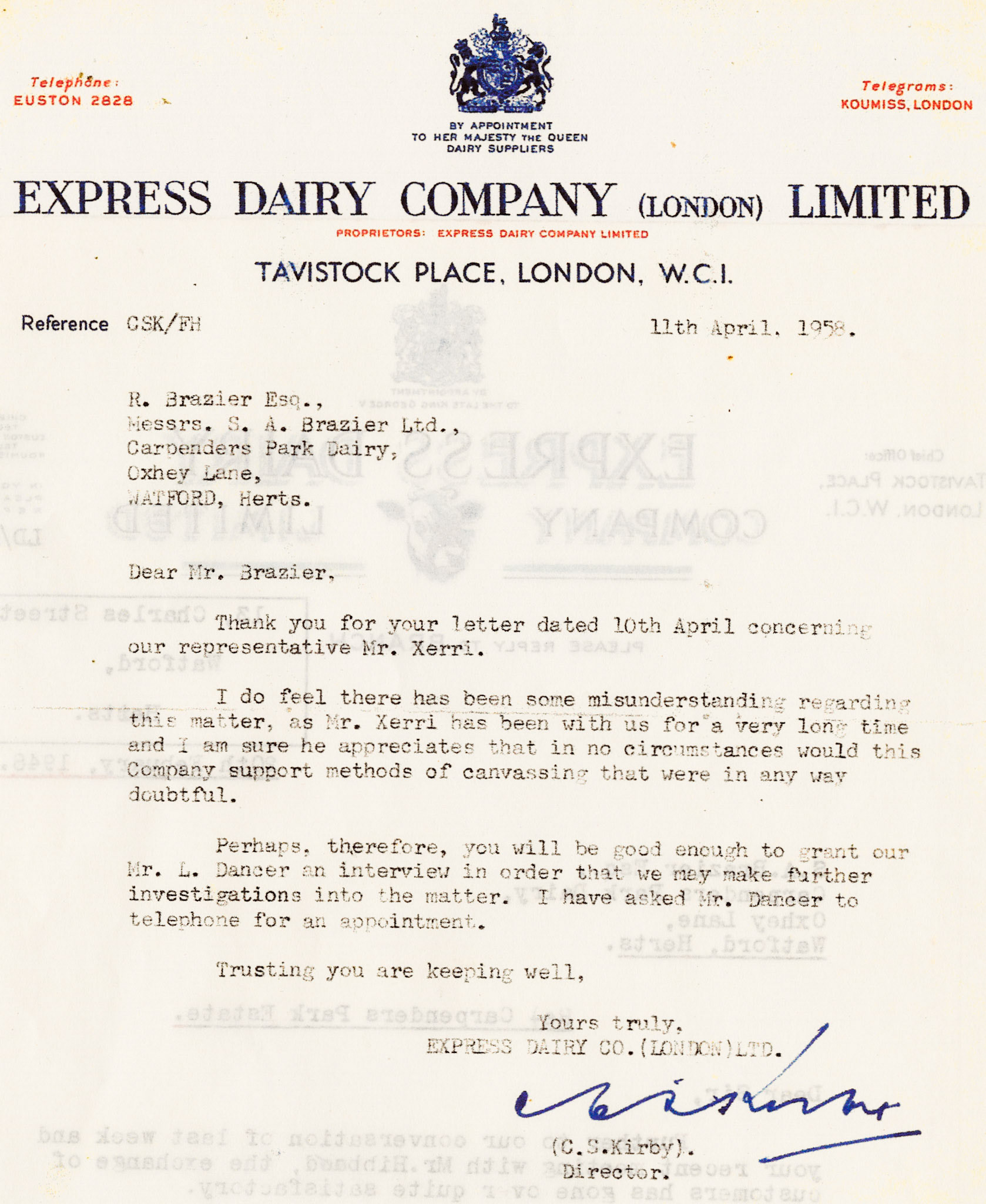 1958 Letter from CS Kirby, with Tavistock Place letter heading, relating to Braziers at Watford (Courtesy Michael Aldread)