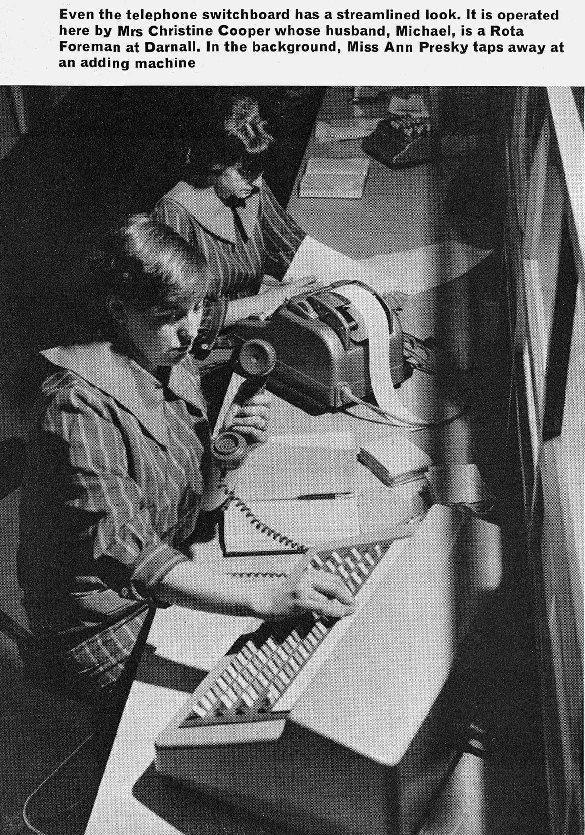 1966 Hillsborough, Sheffield Depot. Christine Cooper operates the switchboard, and Ann Presky an adding machine. (Express News Summer 1966)
