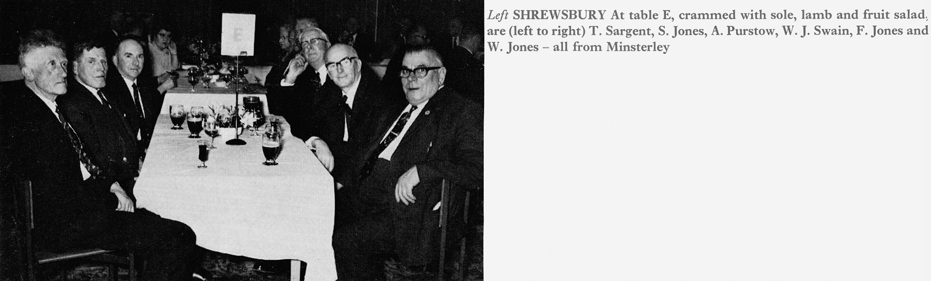 1969 Long Service Dinner for Minsterley staff at Shrewsbury. Peter Francis comments "On the left, Jim Sargent from Little Minsterley, our neighbour for many years", Gillian Leah adds "Uncles Will Swain and Will Jones". Marie Parry adds "Will Jones, my Grandad". (Express News Summer)