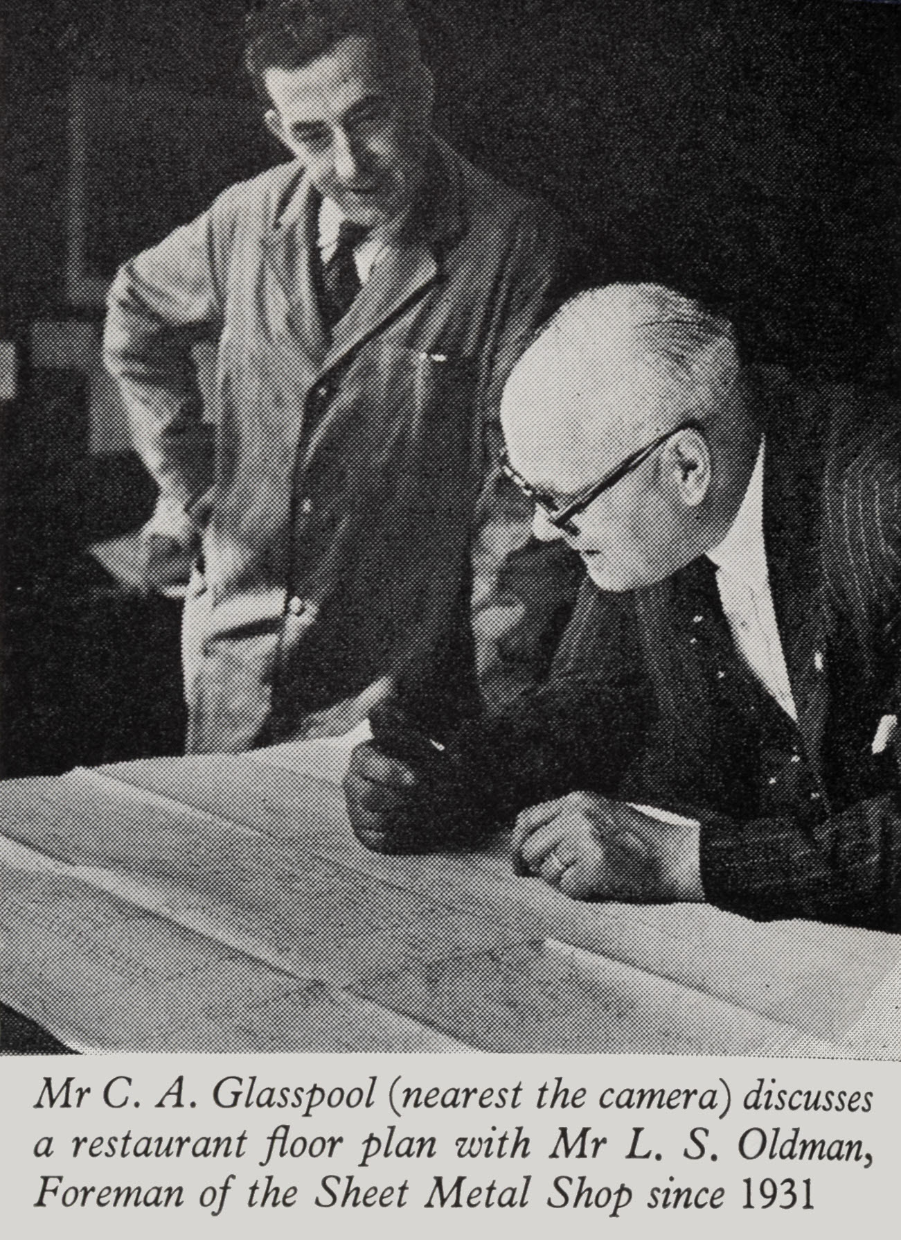 1957 Camden Town Engineering Department-visit to the Sheet Metal Dept-Foreman Mr L.S. 'Kips' Oldman with Works Manager Mr C.A. Glasspool. (Express News Autumn)
