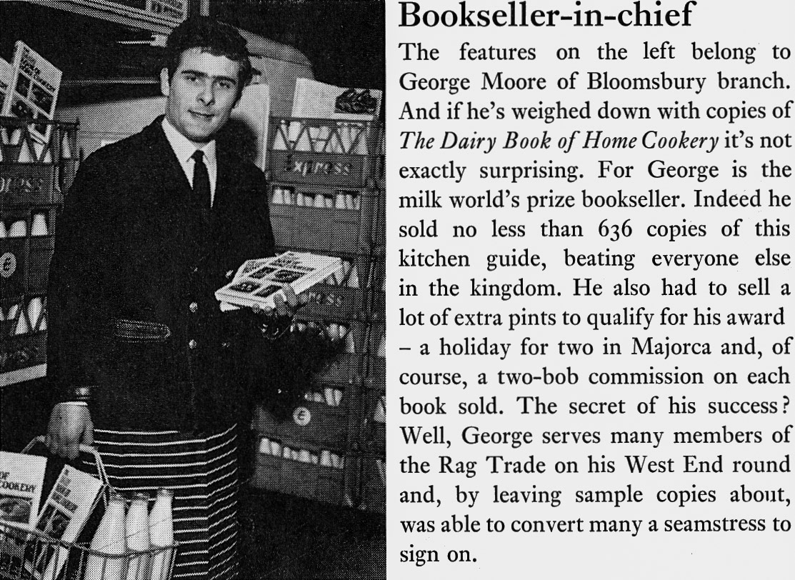 1969 Bloomsbury salesman George Moore is prizewinning seller of 'The Dairy Book of Home Cookery'. (Express News Summer)