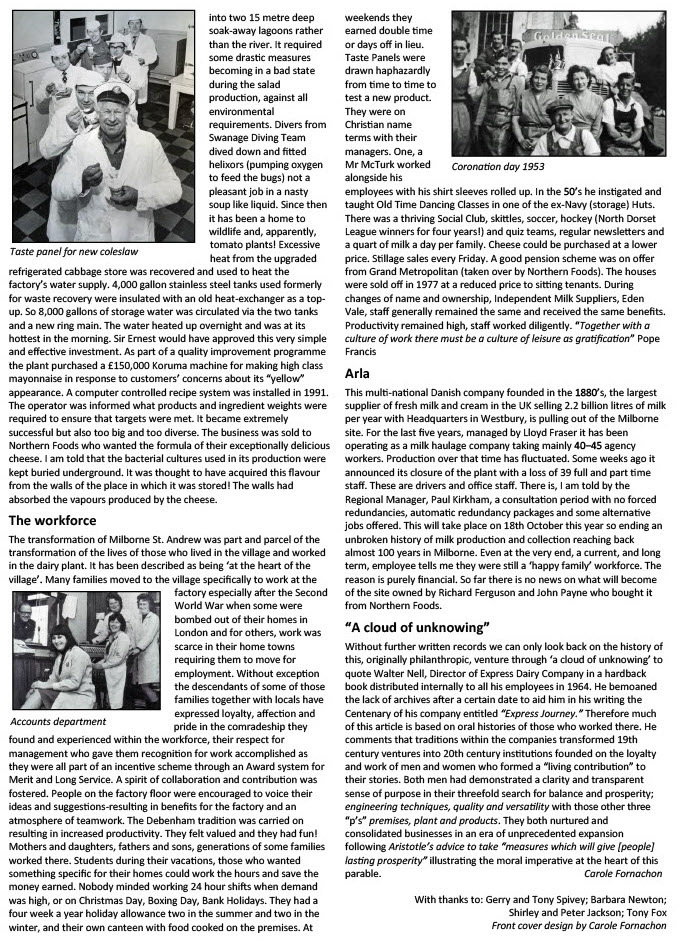 2020 History of Milborne Creamery 1929-2020, with permission of the author: Carole Fornachon (Courtesy Milborne St Andrew Reporter magazine)