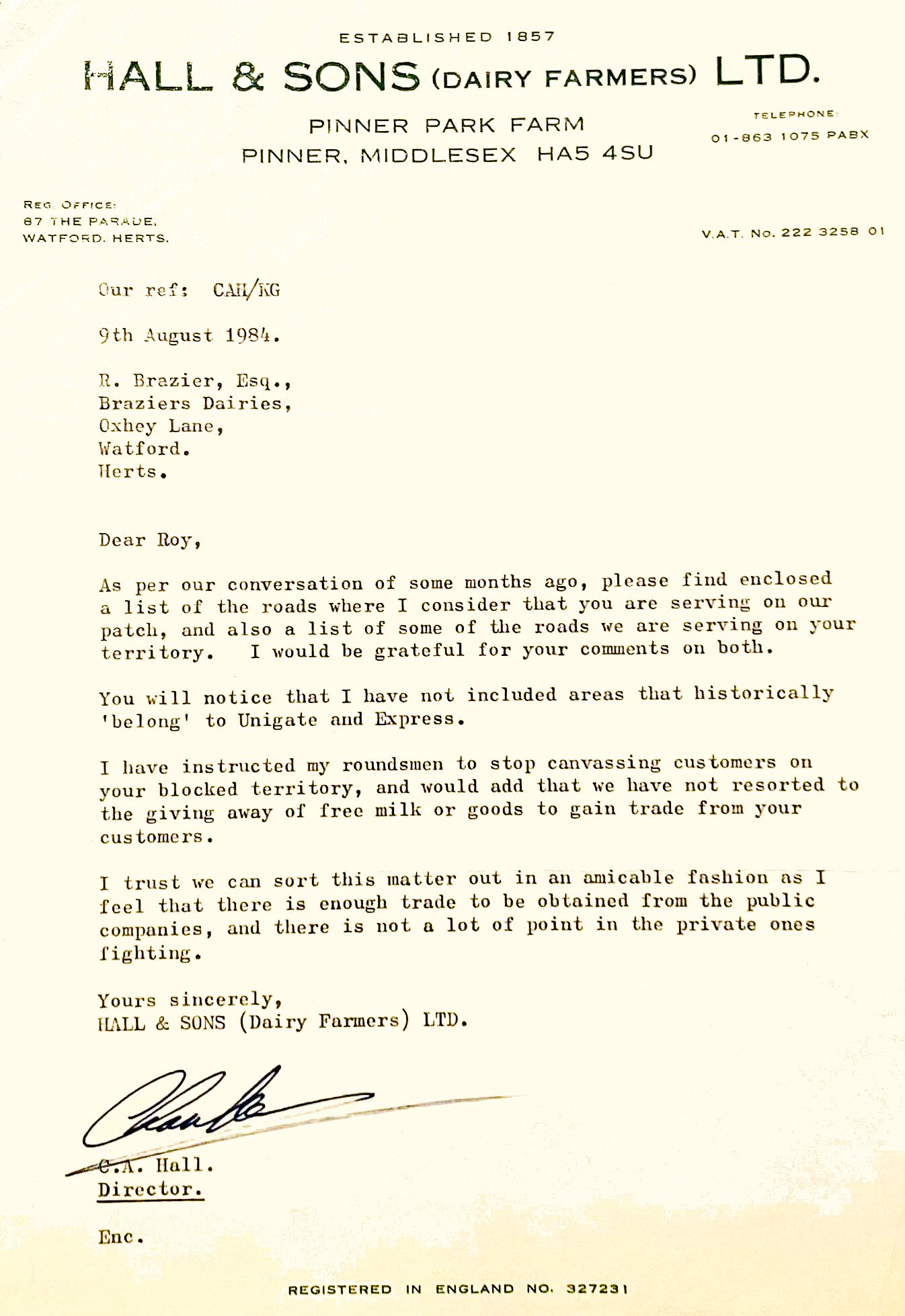 1984 Halls of Pinner and Braziers round swap correspondence. Paul Luke comments "Communication between local dairies organising rounds swaps in the early days" (Courtesy Paul Luke, Braziers Dairies FB)