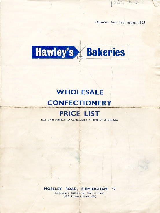 1965 Hawley's Bakeries, Moseley Road, Birmingham-Price List. (Courtesy Andy Sintome)