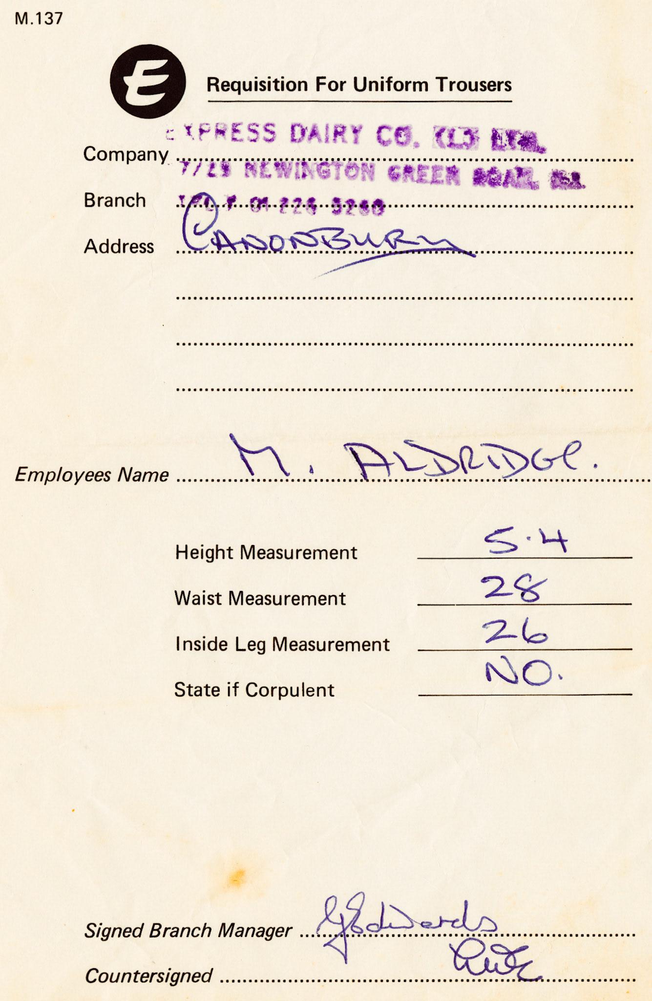 1980's? Canonbury Uniform Requisition Form (Courtesy Michael Aldread)