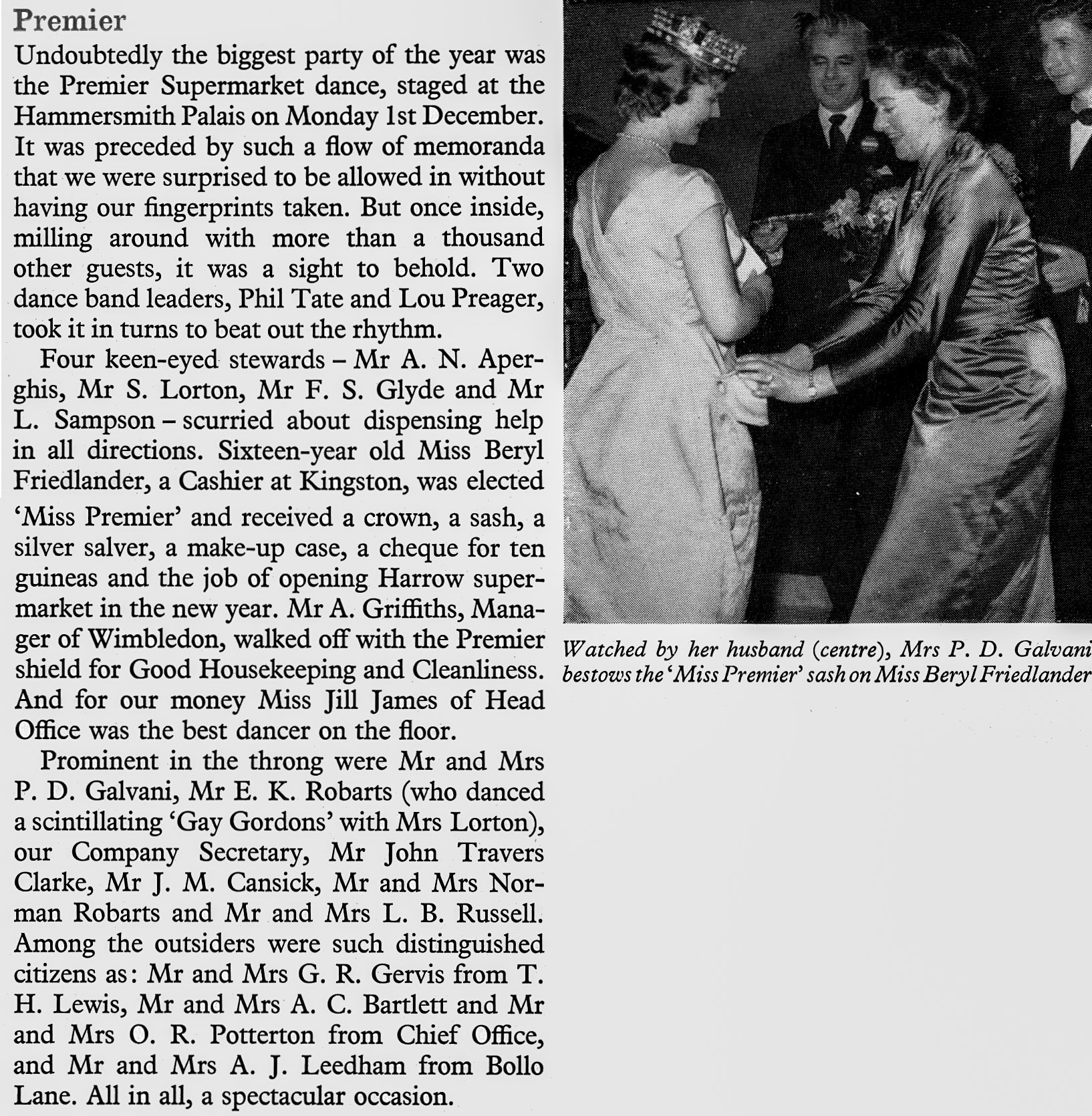 1959 Premier Supermarkets dance at the Hammersmith Palais, with Miss Beryl Friedlander (Kingston cashier) being awarded the 'Miss Premier' award. (Express News March)
