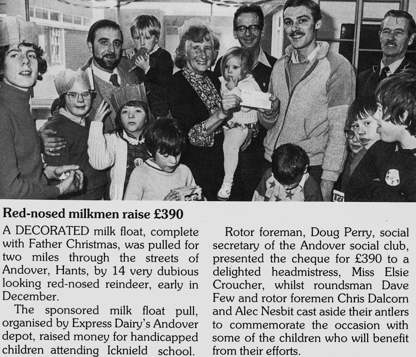 1984 Andover milkmen pulled a decorated float for charity, taking part were Doug Perry, Dave Few, Chris Dalcom and Alec Nesbit. (Express News Winter)