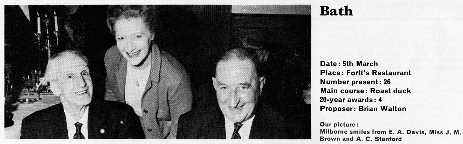 1968 Milborne Long Service Dinner awards at Bath, with E.A. Davis, Miss J.M. Brown and A.C. Stanford on the right...Joan Pitman comments "My Dad". (Express News Summer)