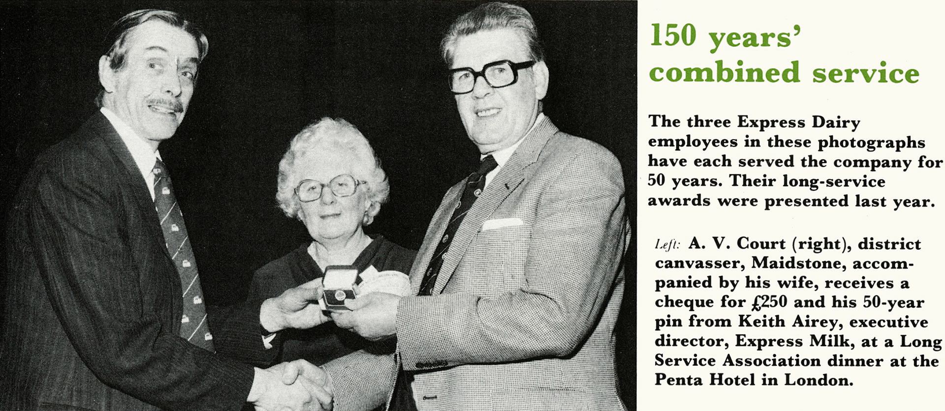 1982 Keith Airey awards Arthur Court of Maidstone after 50 years service. (Express News February)