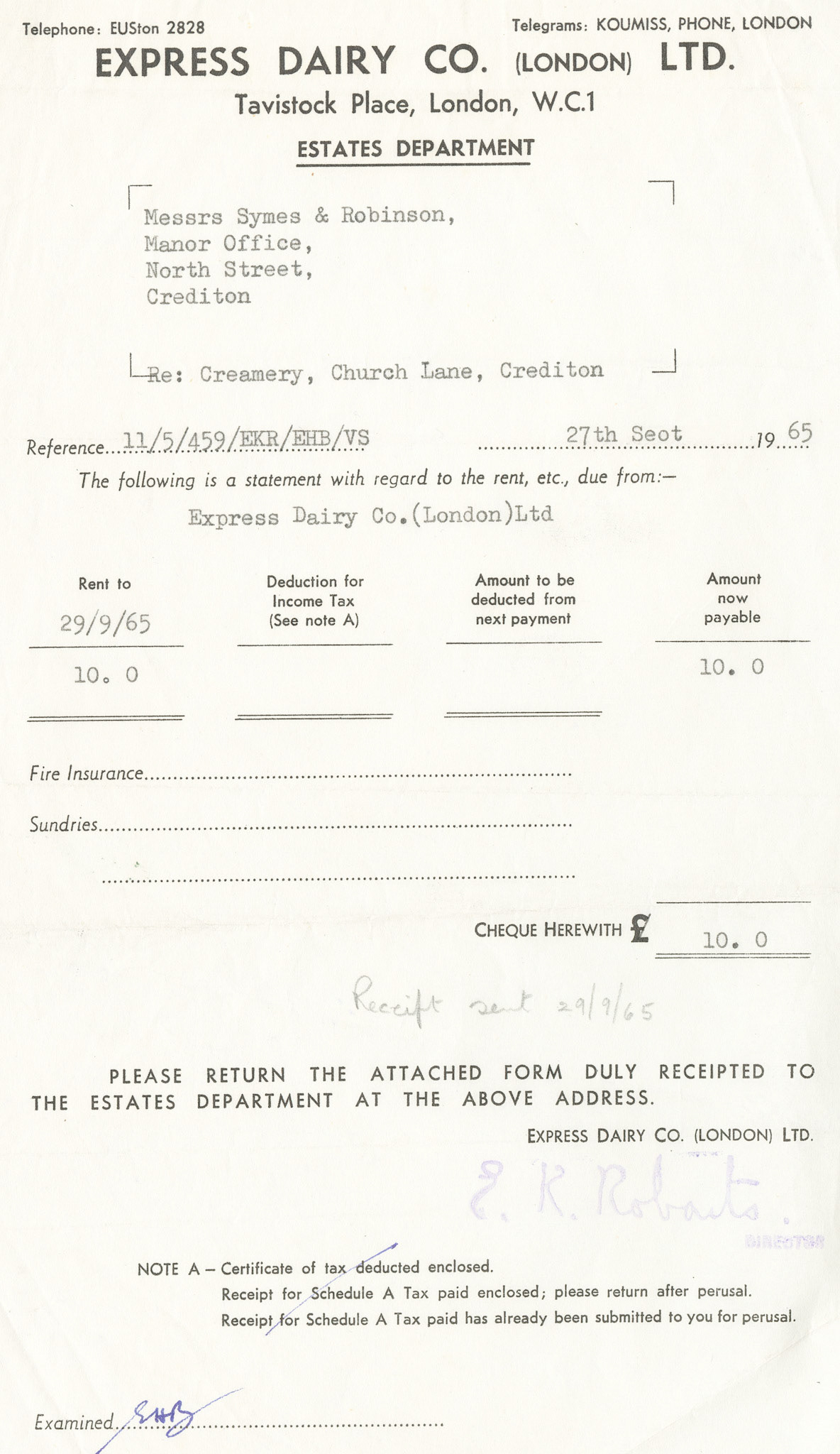 1965 Annual Rent Payment 10 shillings (50 pence) / year (Courtesy Crediton Museum)