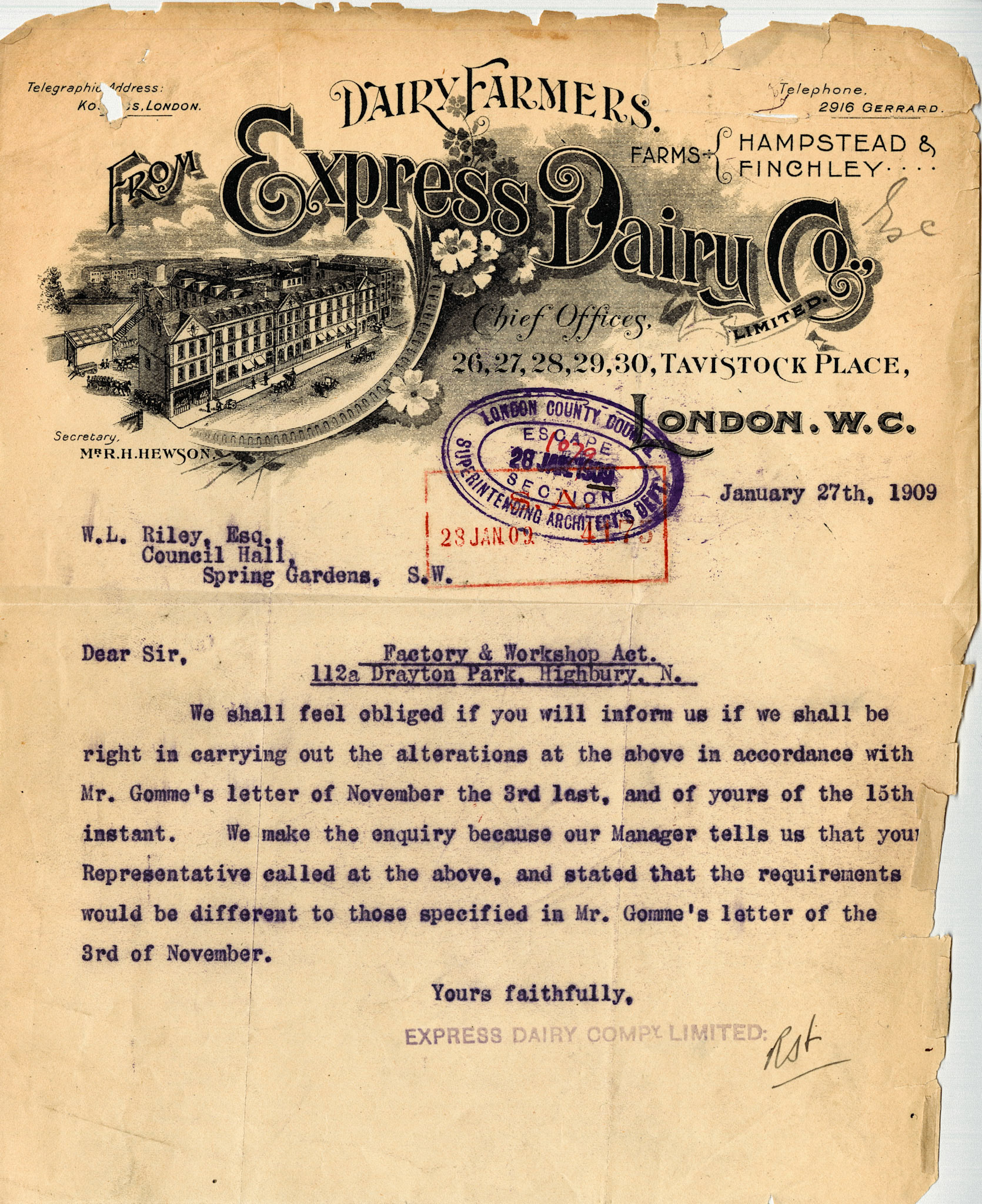 1909 Express Dairy Letter to the local Council in Highbury, North London, with interesting picture of Tavistock Place Chief Offices (26-30). (Courtesy Michael Aldread)