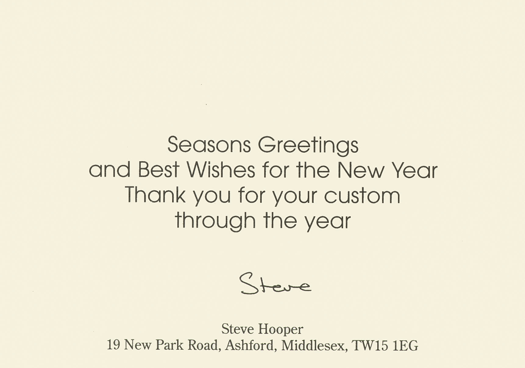NDBI Xmas card message sent by Job's milkman Steve Hooper to his customers. Each card had a descriptive caption on the back. (Presented by Elaine Randall in memory of her mother Gwen Axten who lived in Marlborough Road, Hanworth and collected this set of cards over the years.)