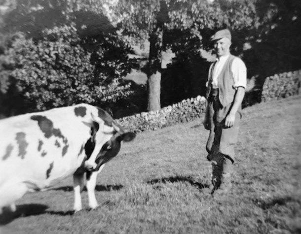 1950's-farm at the "Back of Ecton"-a small hamlet near to Hulme End in Staffordshire, which supplied milk to Rowsley. Alan Salt comments "Courtesy of a mate of mine-John Irish-picture shows his grandad John George Wood-he only milked four cows but many people did this in those days and still had another day job."