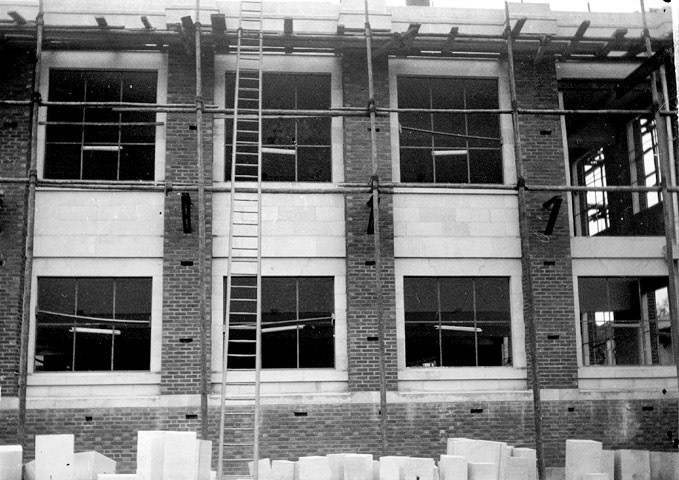 1930's Staplemead. Colin Carpenter comments "Photo found in an undeveloped film found in an old camera that shows the construction of the core building in, I would think, the 1930s judging by the dress of the worker shown. Amazing that they did so much with such little scaffolding in those days; rivetted RSJ's, cut Bath stone and brickwork would cost a fortune these days." (Courtesy Colin Carpenter)