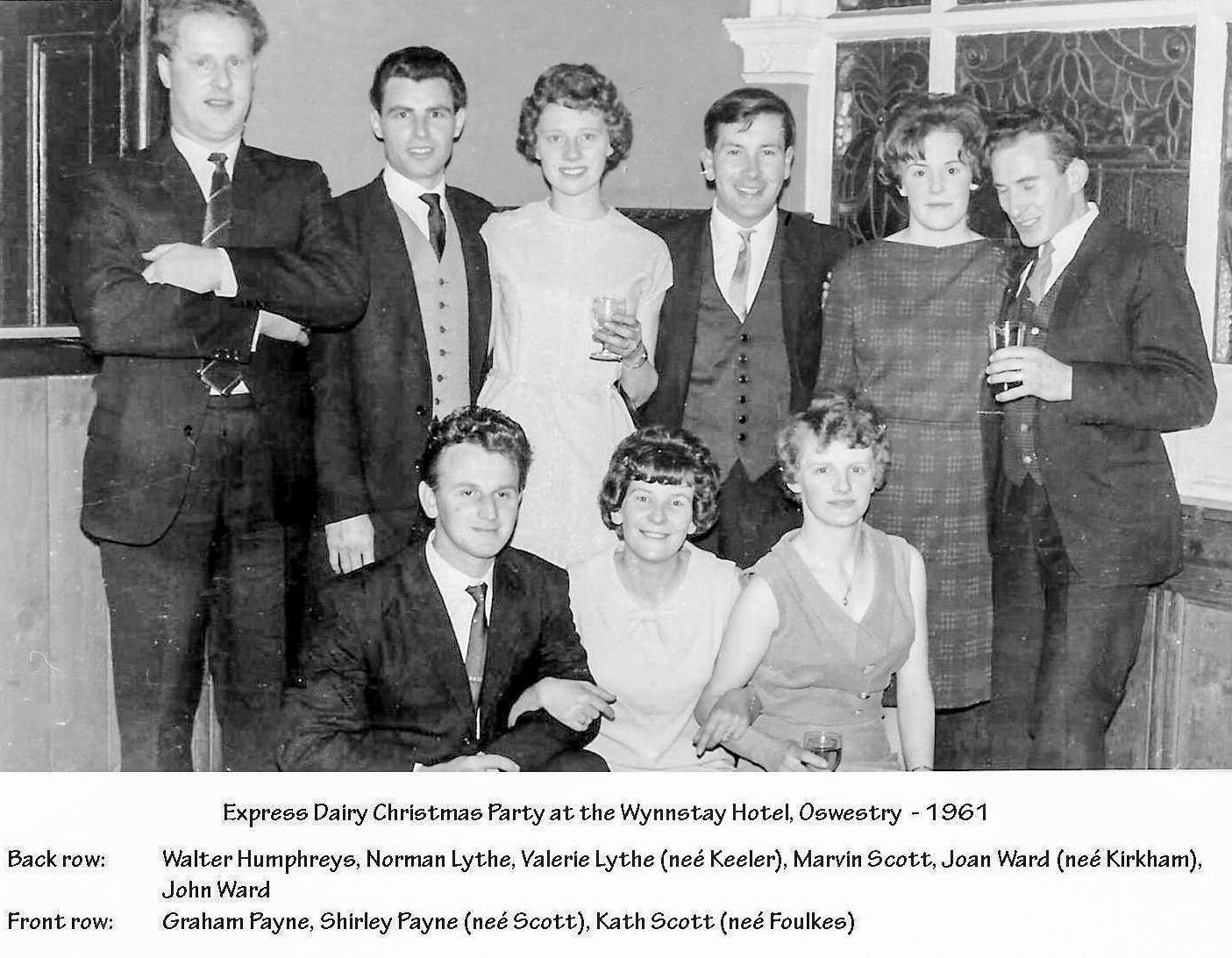 1961 Ruyton Dairy Christmas Party at the Wynnstay Hotel, Oswestry. Val Lythe comments "These are the friends l worked with at the Dairy; happy days l will never forget". (Courtesy Margaret Lycett and Val Lythe, Ruyton Revisited FB Group)