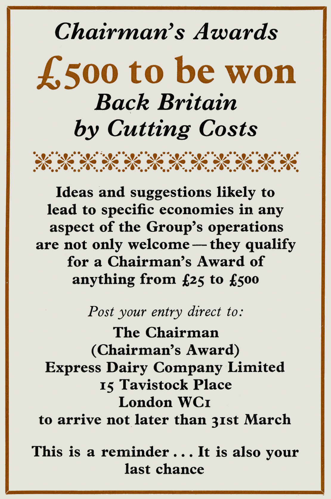 1968 Cost-cutting competition with Chairman's Award prizes. (Express News Spring)