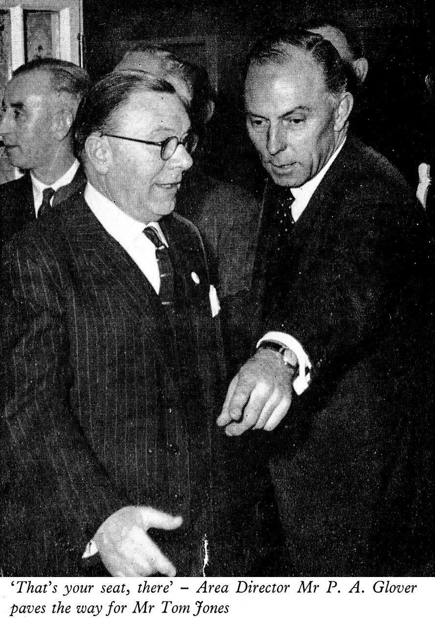 1961 Long Service Dinner at The Grapes Hotel, Shrewsbury, with Mr Tom Jones (Market Drayton or Minsterley?) and Area Director Mr P.A. Glover. (LSA Annual Review)