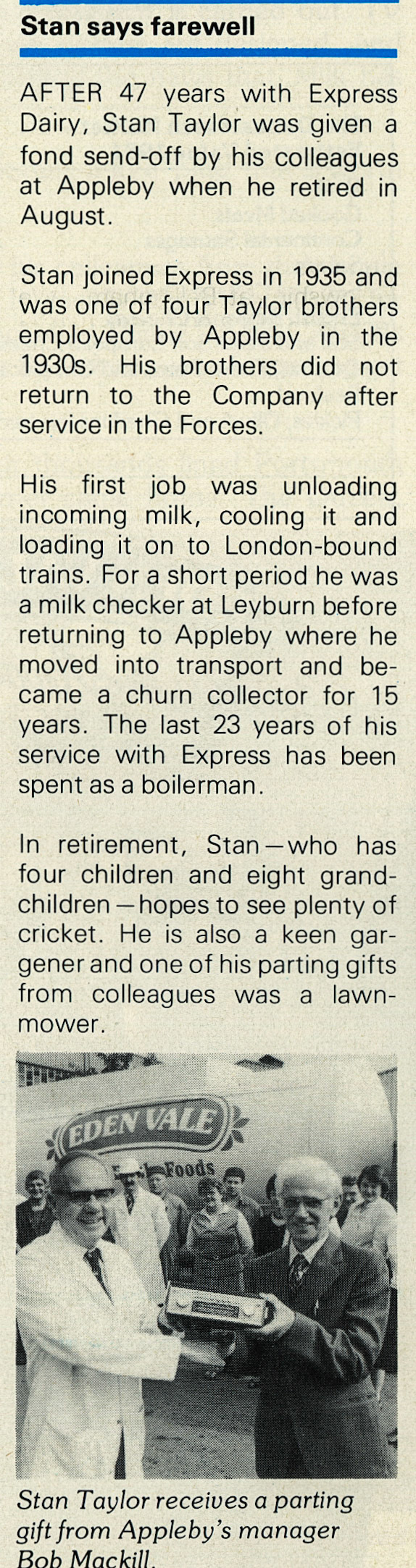 1982 Stan Taylor retirement Appleby
