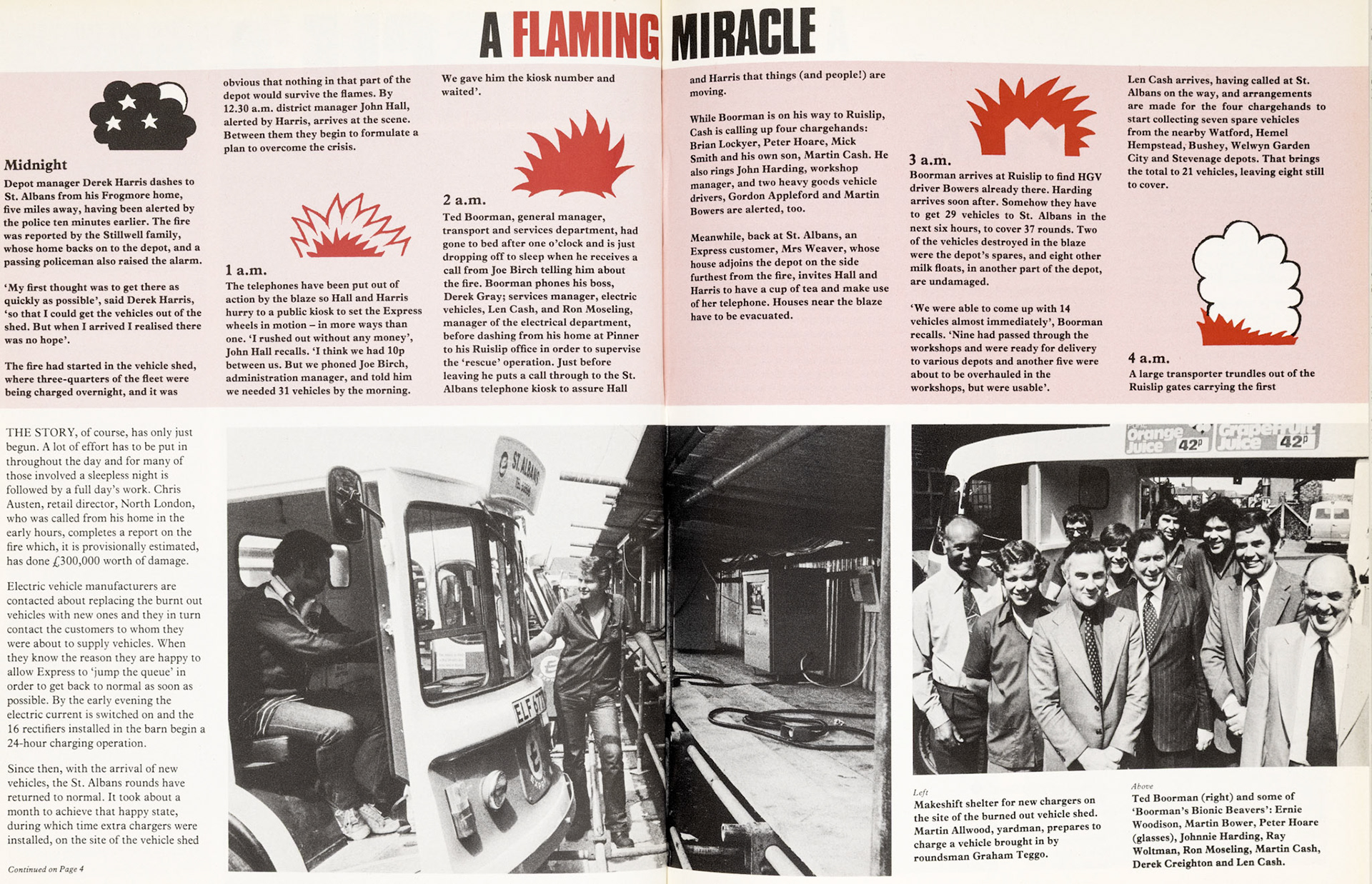 1979 Feature article on St. Albans Retail fire, with the loss of 31 milk floats, buildings and stock-and how Express people recovered the situation and maintained customer service. (Express News Autumn)