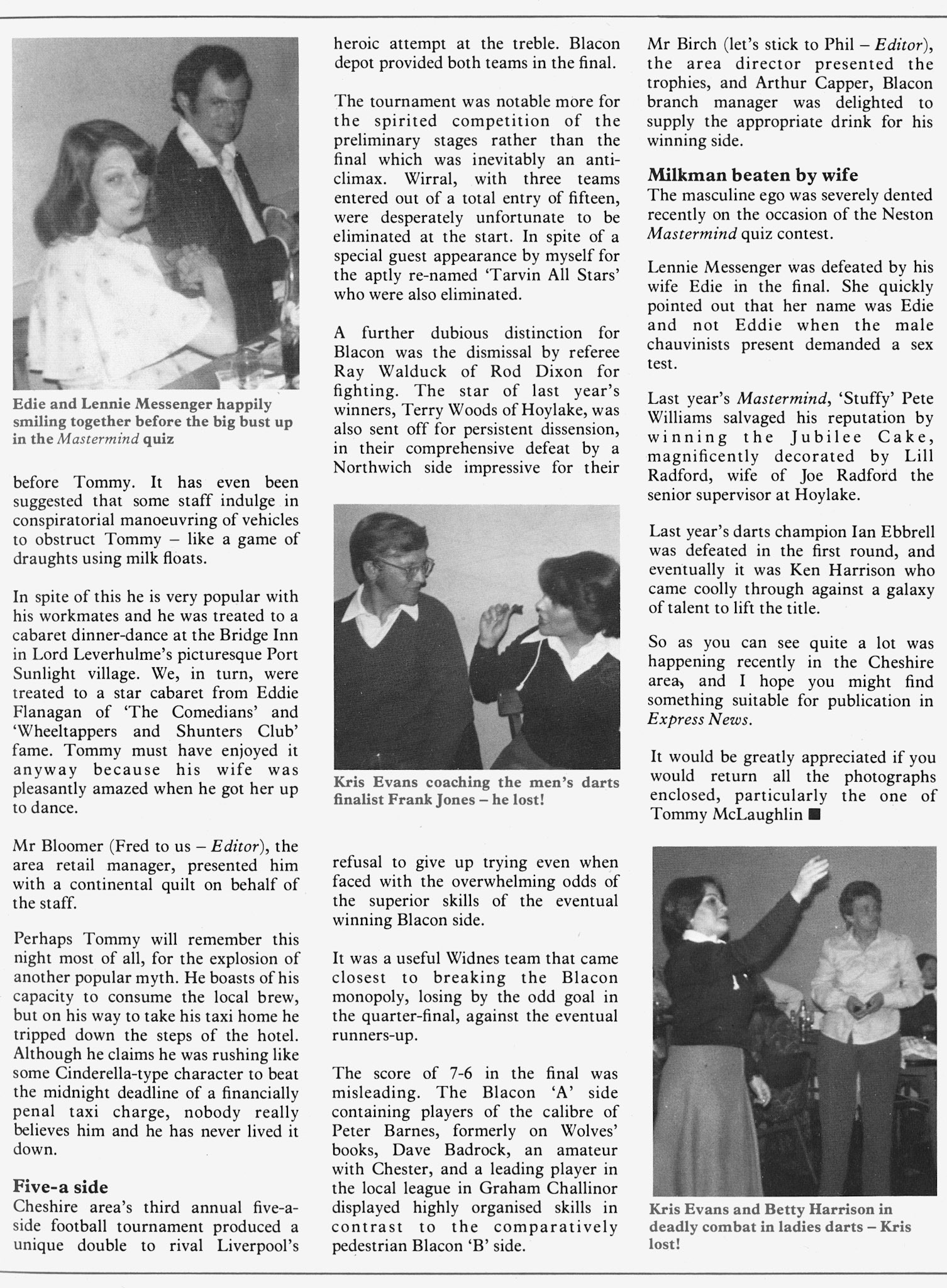 1977 Neston Servery Manager Alf Lennon writes about his branch, here featuring Edie and Lennie Messenger, Kris Evans, Frank Jones and Betty Harrison. (Express News Autumn)