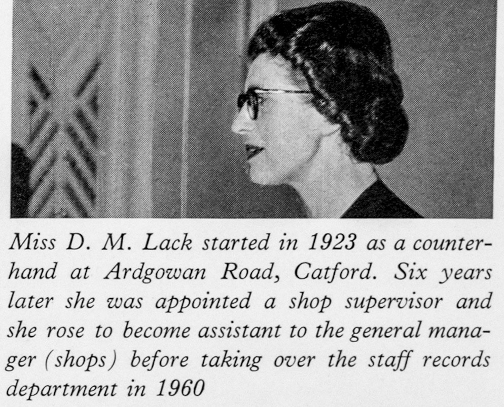 1961 Miss D.M. Lack started as counter-hand at Ardgowan Road, Catford in 1923. She was appointed shop supervisor in 1929, then assistant to the Shops General Manager. She took over the Staff Records Dept in 1960, now appointed as Controller of the Full Dairy shops. (Express News Autumn)
