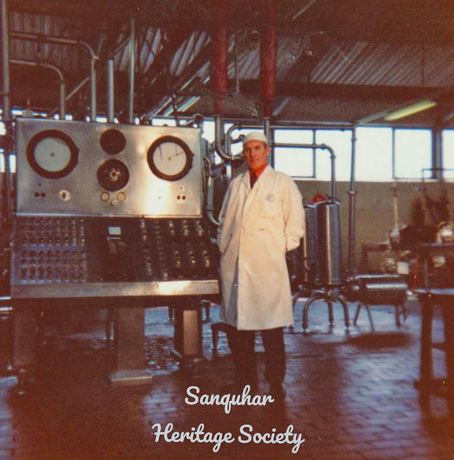 1970's Sanquhar Creamery. Anne Tranter comments "My Dad, Bill Miller x" John Southwell added "When Sanquhar closed, Bill moved to the new Priestdykes factory just outside Lockerbie as Cheese Manager (working under Bob Mackill who was Factory Manager-not an easy relationship for Bill after being a Factory Manager in his own right). When he retired I took over from him. His knowledge was vast and he taught me a huge amount about cheese making in a short time; I owe a lot to him-he was a great person." (Courtesy The Royal Burgh of Sanquhar Heritage Society)