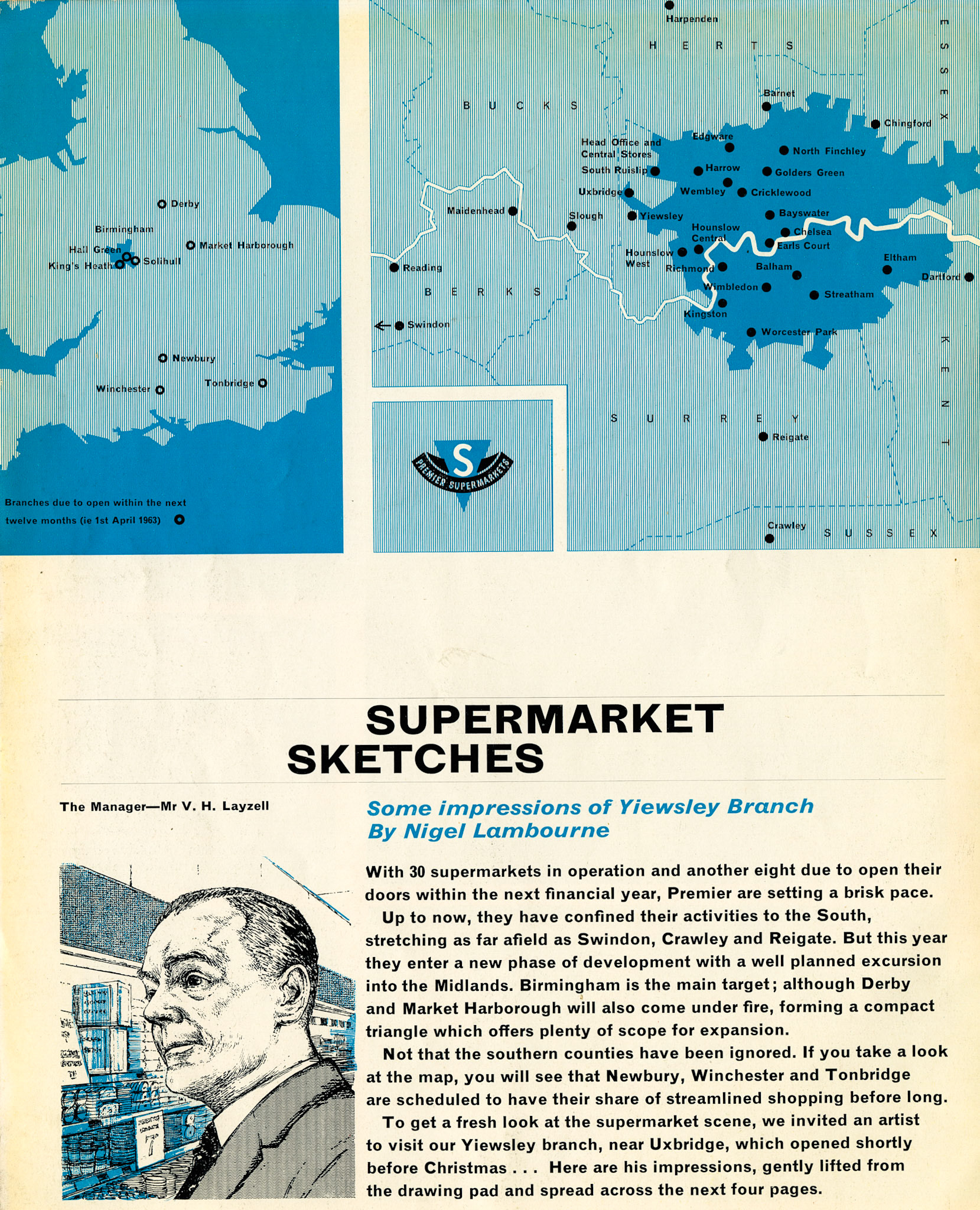 1962 Yiewsley Shop branch sketches with map of supermarket locations