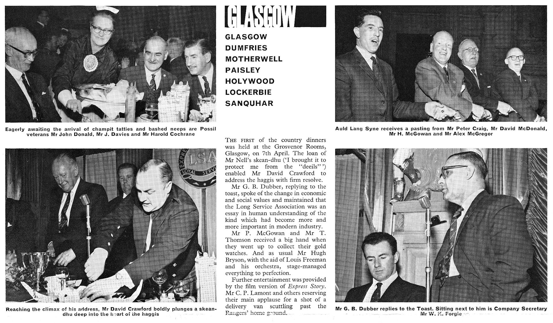 1964 Long Service Dinner in Glasgow area staff, plus Holywood, Lockerbie and Sanquhar creameries . From August 'Express Extra' newsletter (Courtesy Paul Luke)