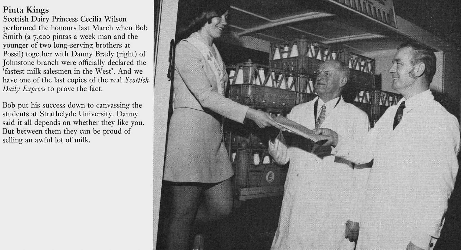 1974 Scottish Dairy Princess Cecilia Wilson presents Bob Smith (Possil) and Danny Brady (Johnstone).(Express News Summer)