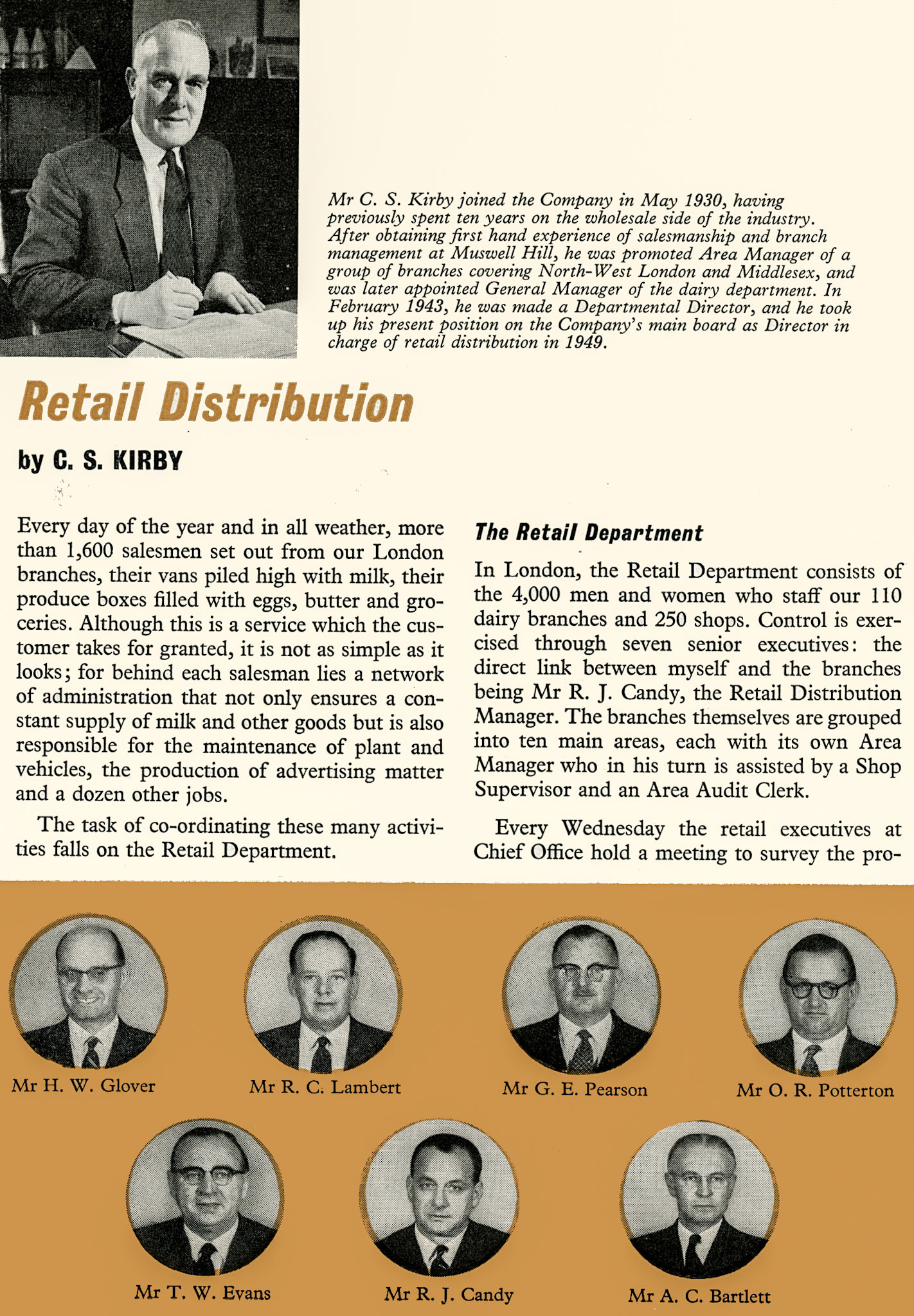 1956 London Retail organisation and managers, headed up by C.S.Kirby.(Express News September)