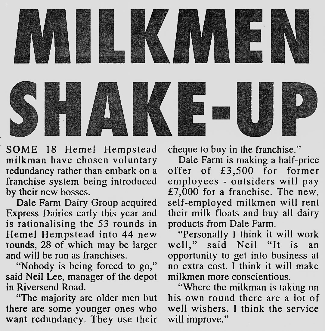 1992 Hemel Hempstead depot reorganisation under Dale Farm, with the introduction of franchised rounds. (Courtesy Michael Aldread)