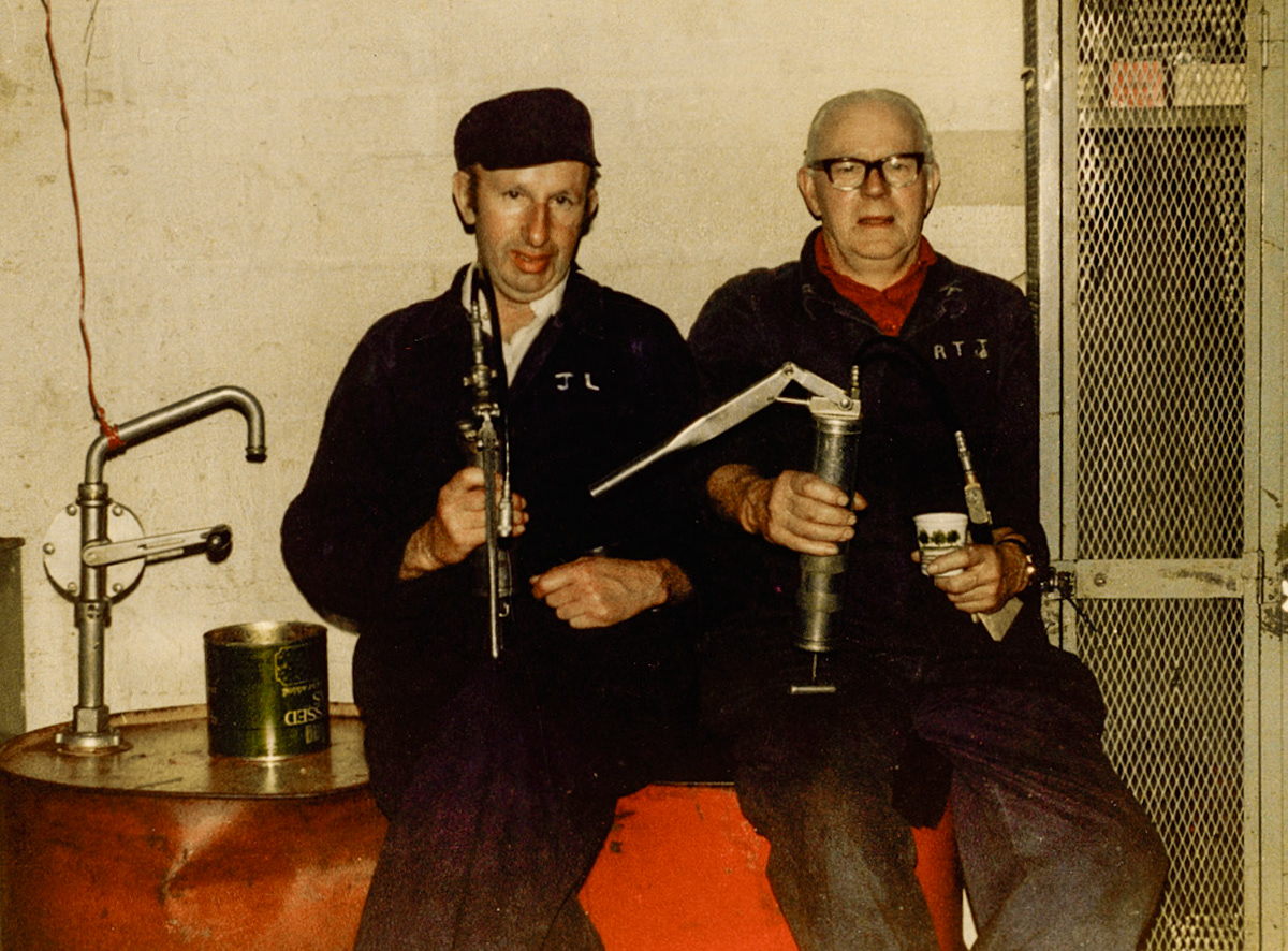 "Myself on left (HJ Lyons), oiler/greaser since 1968, retired 31-10-1985 after 31 years and 10 months. R-Mr Tom Jones, worked for 44 years, retired 1978/9" (Courtesy Joe Lyons)