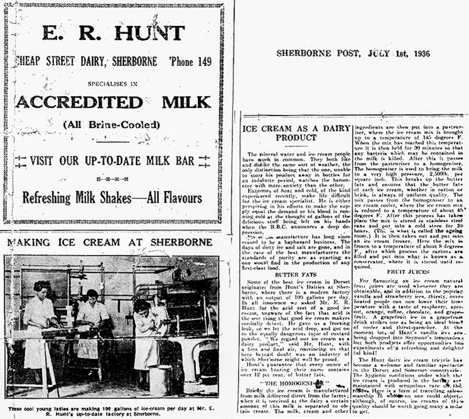 1936 Hunt's Food Group-"...when our ice cream production first hit 100 gallons a day! It wasn’t long before the hard work paid off; we started winning awards, including a ‘Highly Commended’ honour at the National Dairy &amp; Ice Cream Convention at Crystal Palace." (Courtesy Hunt's Food Group FB Page)