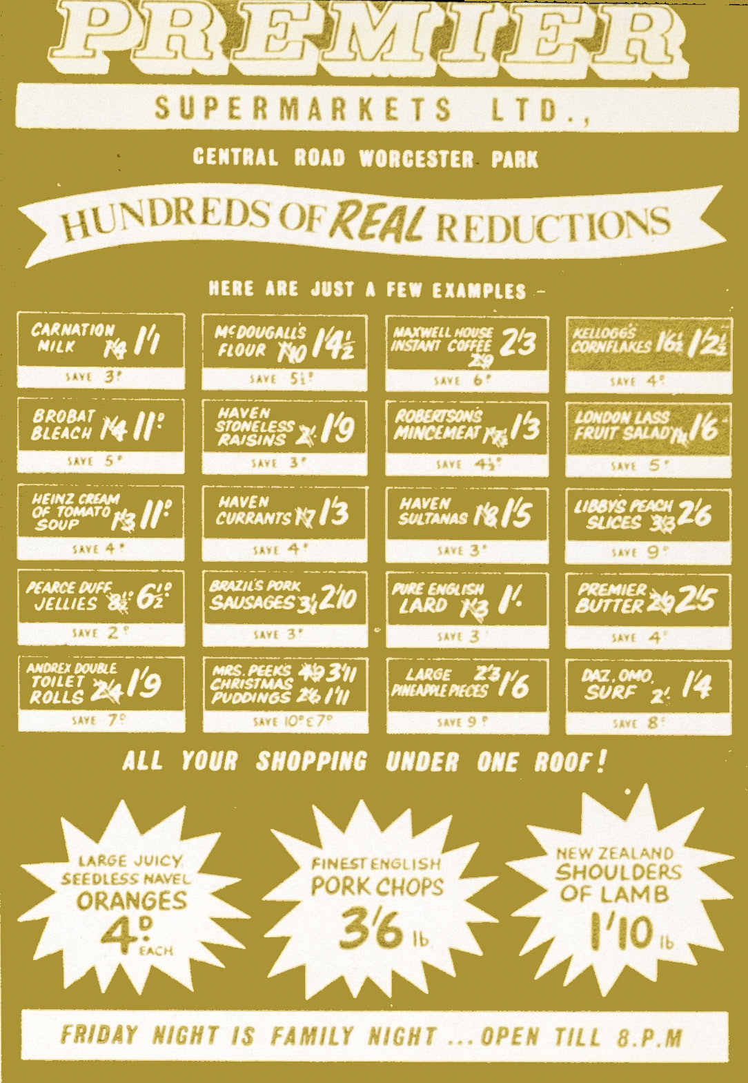 1961 Premier Supermarkets feature article discusses publicity ideas for store openings, mentioning a poster with price reductions for Worcester Park, Surrey. (Express News Autumn)